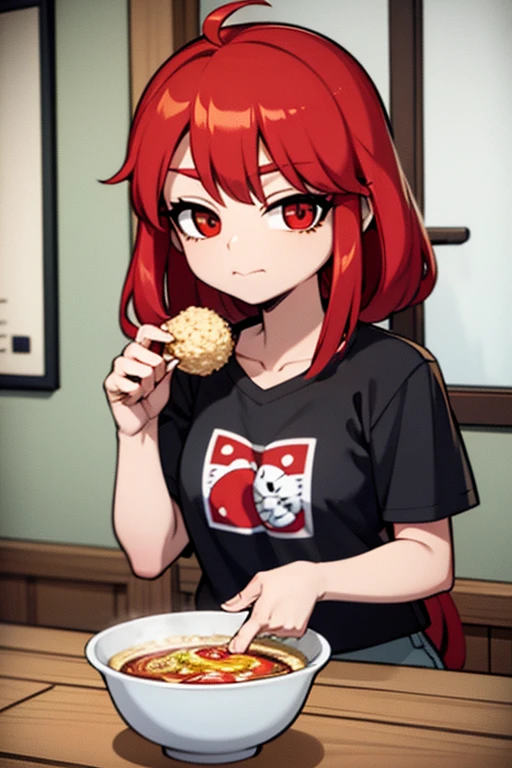 A red haired girl with red eyes is eating a bowl of ramen