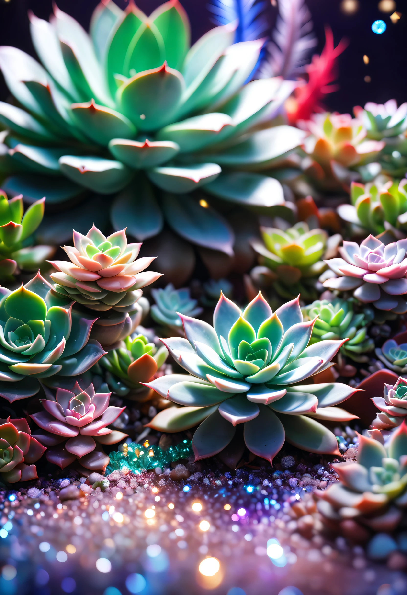 crystals fantasy，Close-up of succulents，Many colors，toes up，Countless sparkling feathers flutter in the air， like a dream， galactic， cleanness， shallowdepthoffield， jade background blur， Sparkling， Sparkling， Amazing cleavage， Colorful， magical photography，dramatic lights，photo-realism，hyper-detailing，4K，degrees of freedom，A high resolution