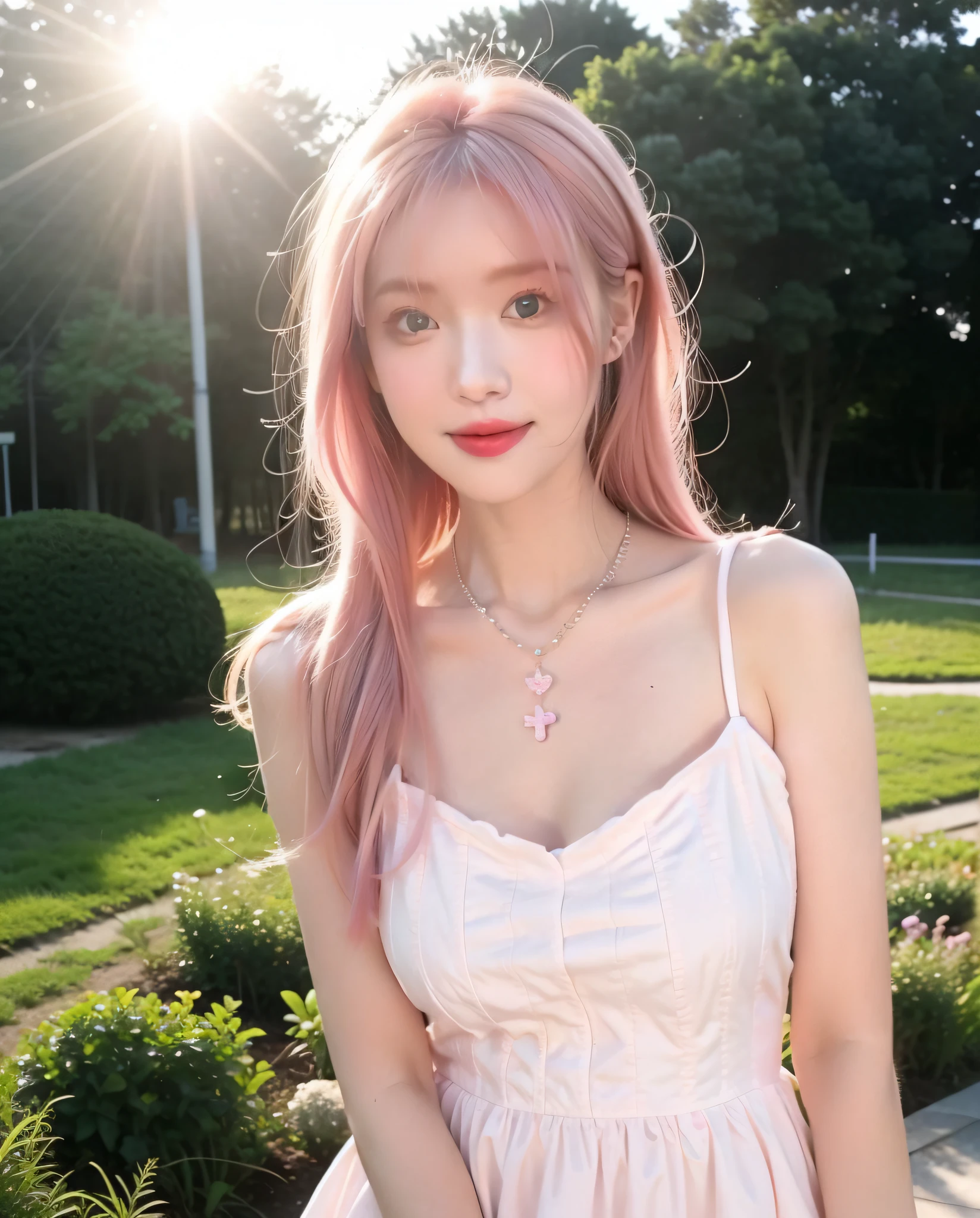 Wearing pink and white dresses, and the sun was shining brightly, （pink haired one：1.5）, close your mouth and smile，Pair with a necklace，high high quality，with fair skin，（1个Giant Breast Girl：1.5） , face to the viewer，（with a round face：1.5）