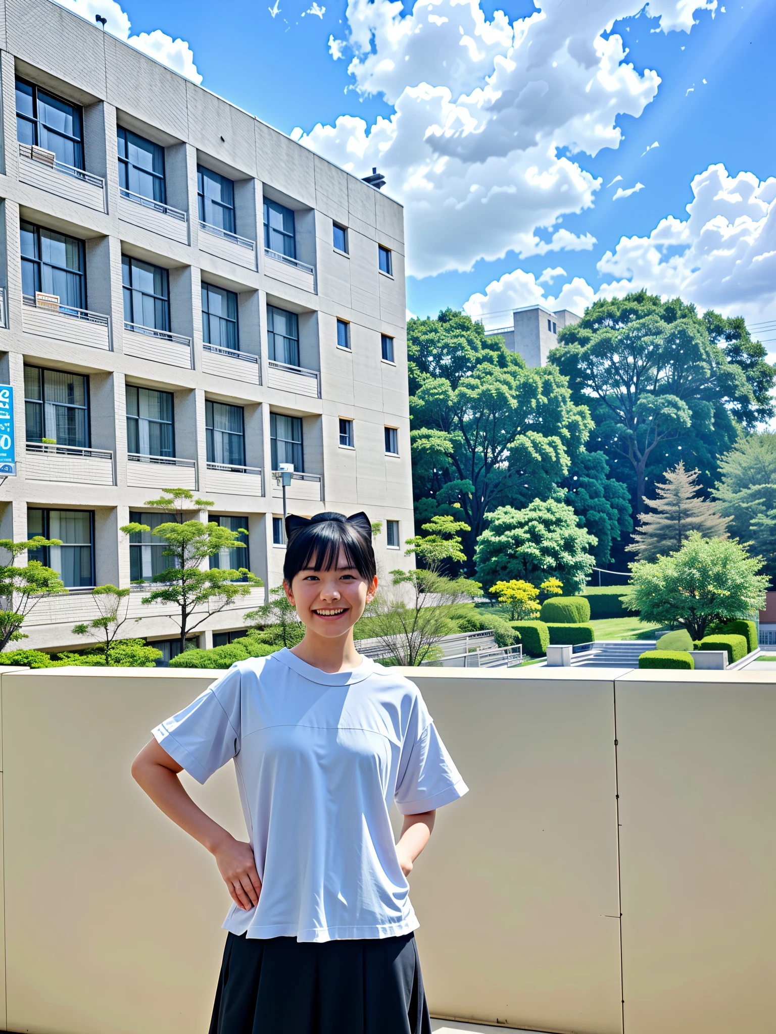 brunette color hair,Black colored eyes, Cat ears, ssmile,Wear white Japanese school uniform , atmosphric perspective, Ghibli-style colors, 8K, acurate, Best quality at best
