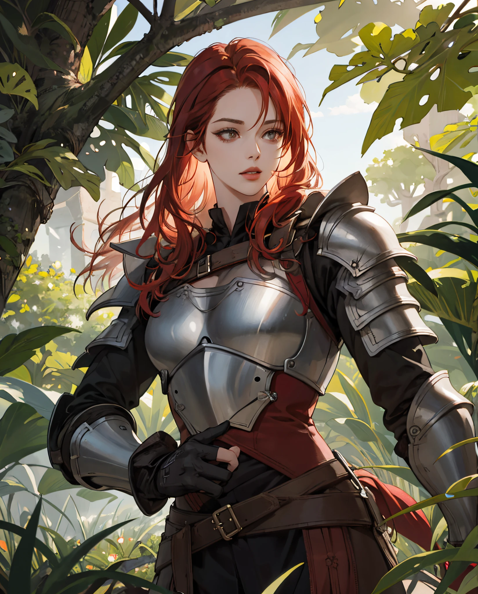 30 year old woman, red head, hazel eyes, fantasy armour, nature, realism