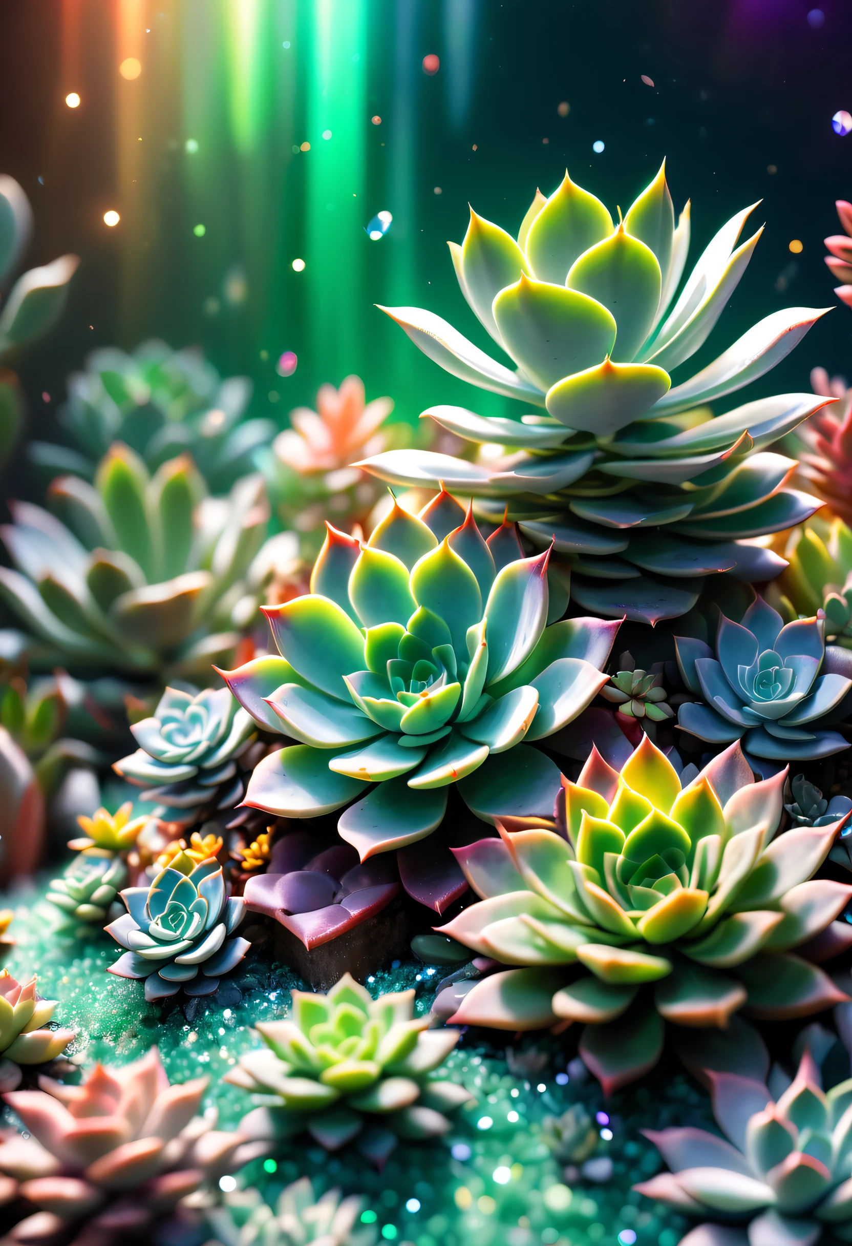 tmasterpiece，Best quality，high high quality，The content is very detailed，8K，(Close-up of succulents:1.5),Fantastic snow and ice jungle，ice witch，Colorful ice magic，Glowing Elves，Natural elements in the forest theme，Colorful snow and ice jungle，Epic fantasy art style，Delicate leaves and branches are surrounded by fireflies（nature elements），（Jungle theme），（leafs），（tree branch），（glowworm），（particle effect）and other 3D， Octagon rendering，ray traycing，Super meticulous，Depicting the harmony between man and nature