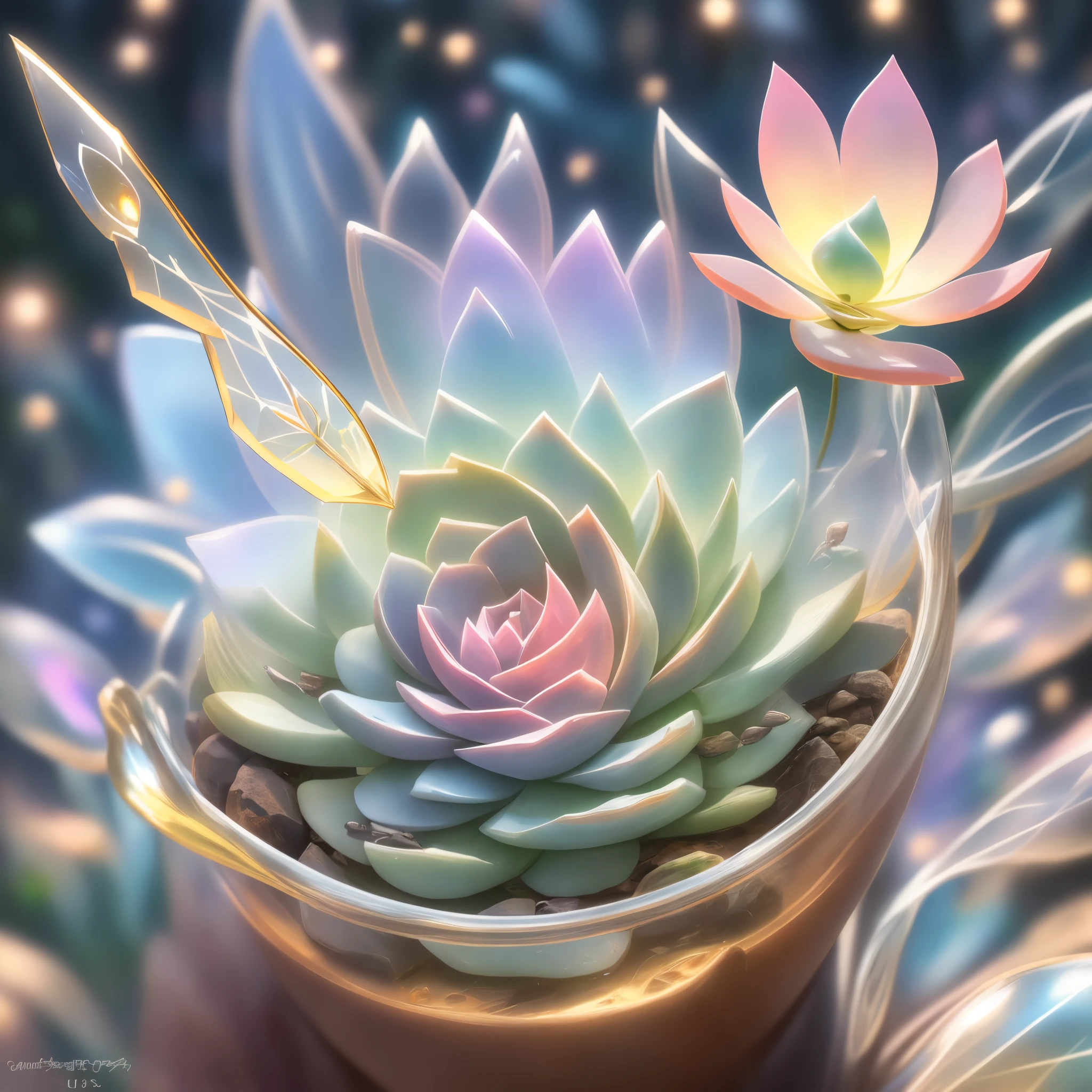 (Close-up of succulents:1.2),Beautiful transparent flower fairy baby, Transparent colorful wings, The wand fluttered in the wind、The wand flashed with starlight,Golden wand,Beautiful blue sky and white clouds、Girls have transparent wings、smile kindly、Beautiful succulents garden background、Gentle and transparent,Anatomical correct, delicate patterns,Pink rose space, gentlesoftlighting, ( bokeh),tmasterpiece, ultra - detailed, Epic work, Best quality at best, 8K,Epic Romantic Fantasy Digital Art,Epic fairy tale fantasy digital art,Myths and Fantasy,UHD resolution,Detailed detail drawing,realistically,Very realistic,电影灯光,an award winning photograph,Many colors,Hyper-realistic textures,dramatic lights
