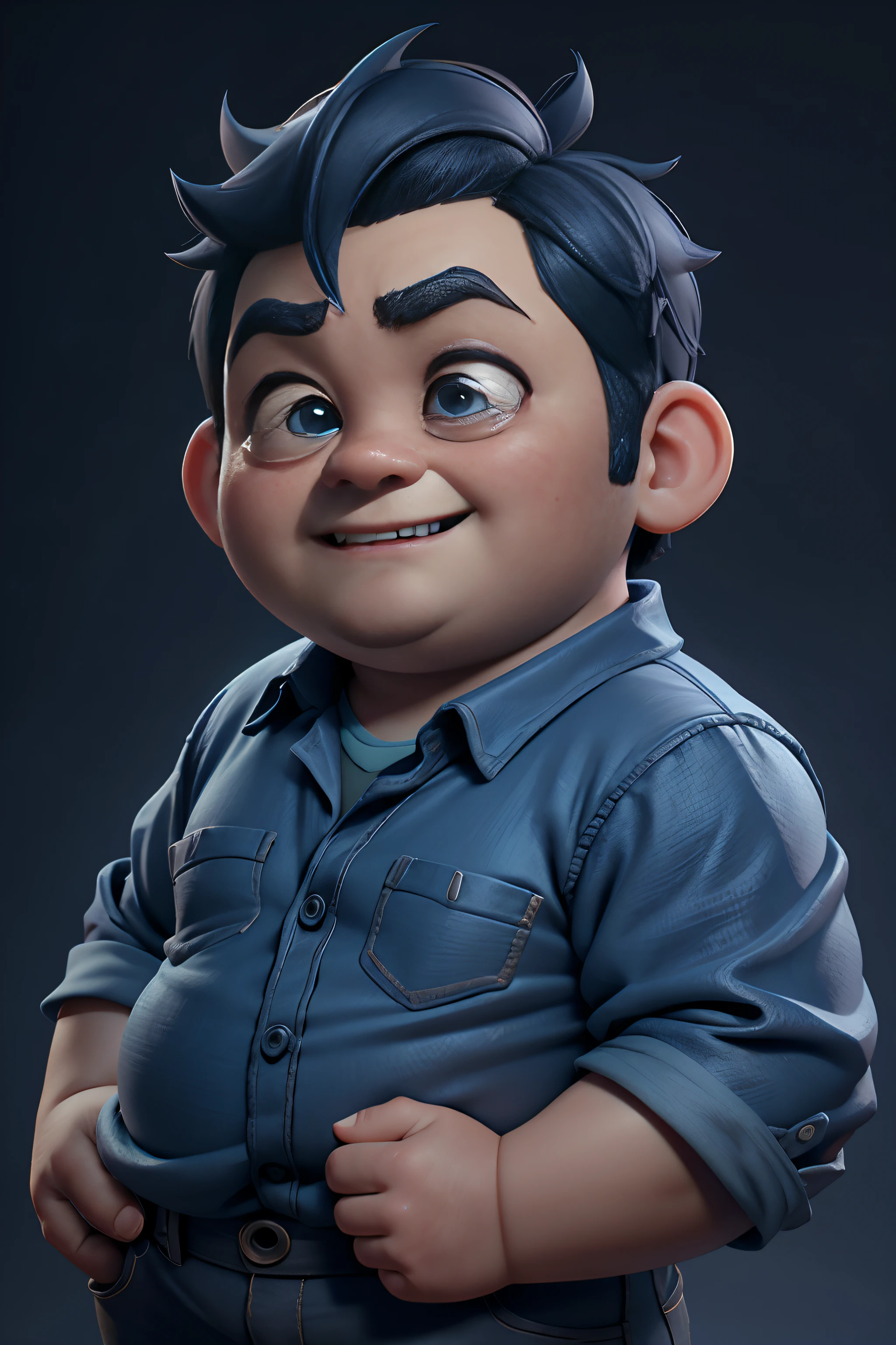 Develop 3D Pixar-style animated characters, 39 years old，Shen Teng，Slightly chubby man，Different facial expressions in blue shirt， 3D rendering of, high resolution texture, dramatic  lighting, Expressive comics, Different facial expressions with giggles, Dramatic, Facing the lens. a close up of a.