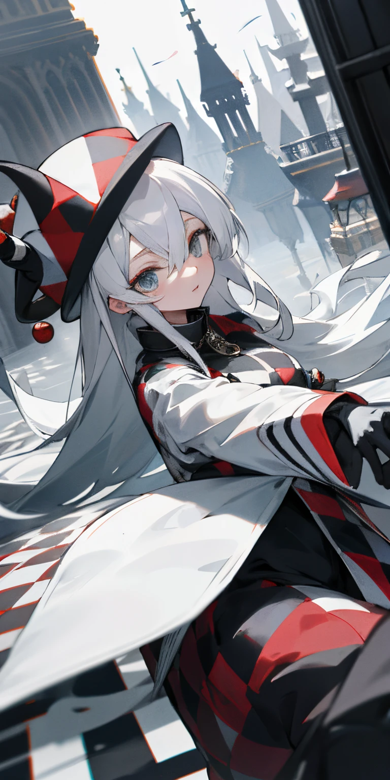 White long haired anime girl in a checkered black and white long sleeved shirt and a jester hat with black gloves and a scenery as in the circus