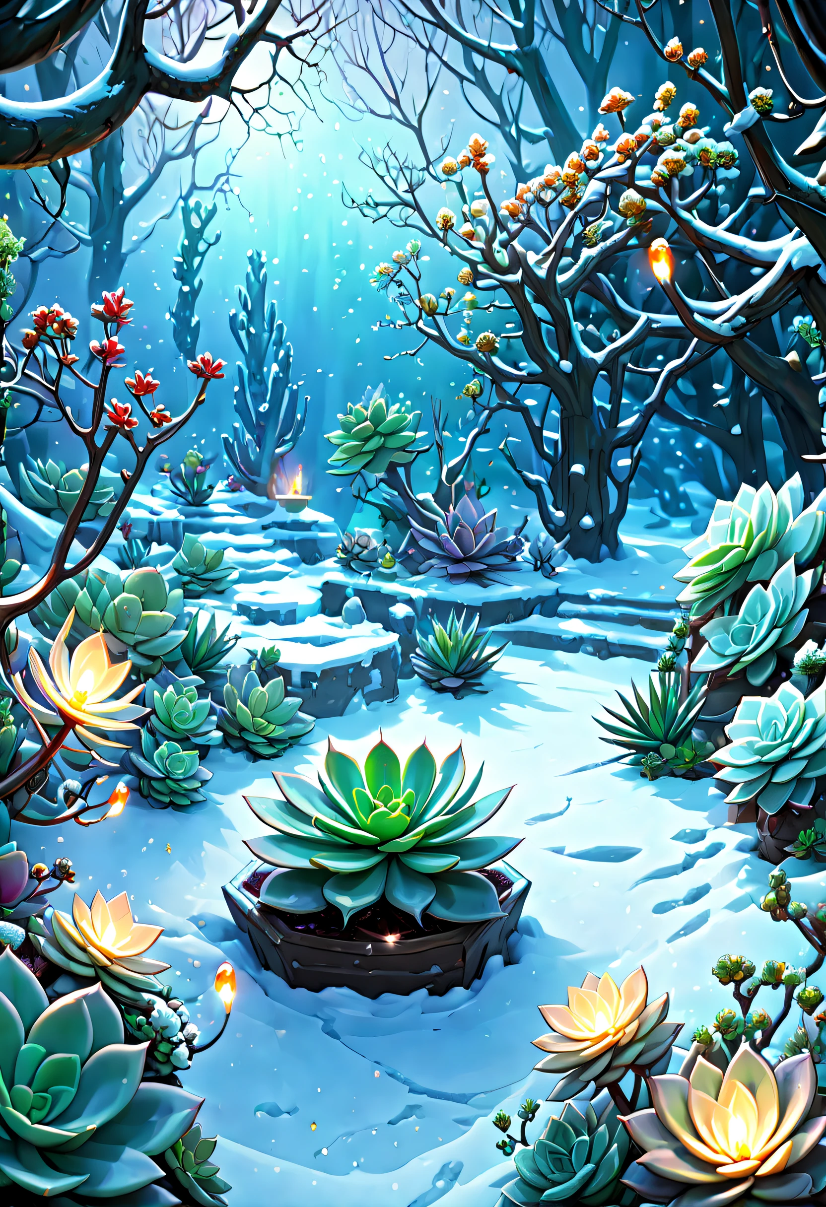 tmasterpiece,Best quality,high high quality,The content is very detailed,8K,(Close-up of succulents:1.5),Fantastic snow and ice jungle,ice witch,Colorful ice magic,Glowing Elves,Natural elements in the forest theme,Colorful snow and ice jungle,Epic fantasy art style,Delicate leaves and branches are surrounded by fireflies(nature elements),(Jungle theme),(leafs),(tree branch),(glowworm),(particle effect)and other 3D, Octagon rendering,ray traycing,Super meticulous,Depicting the harmony between man and nature