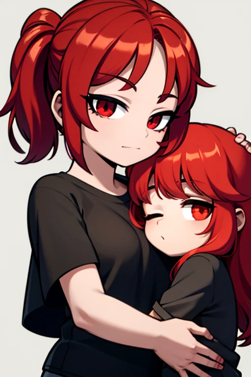 Two red haired girls with red eyes are hugging each other.