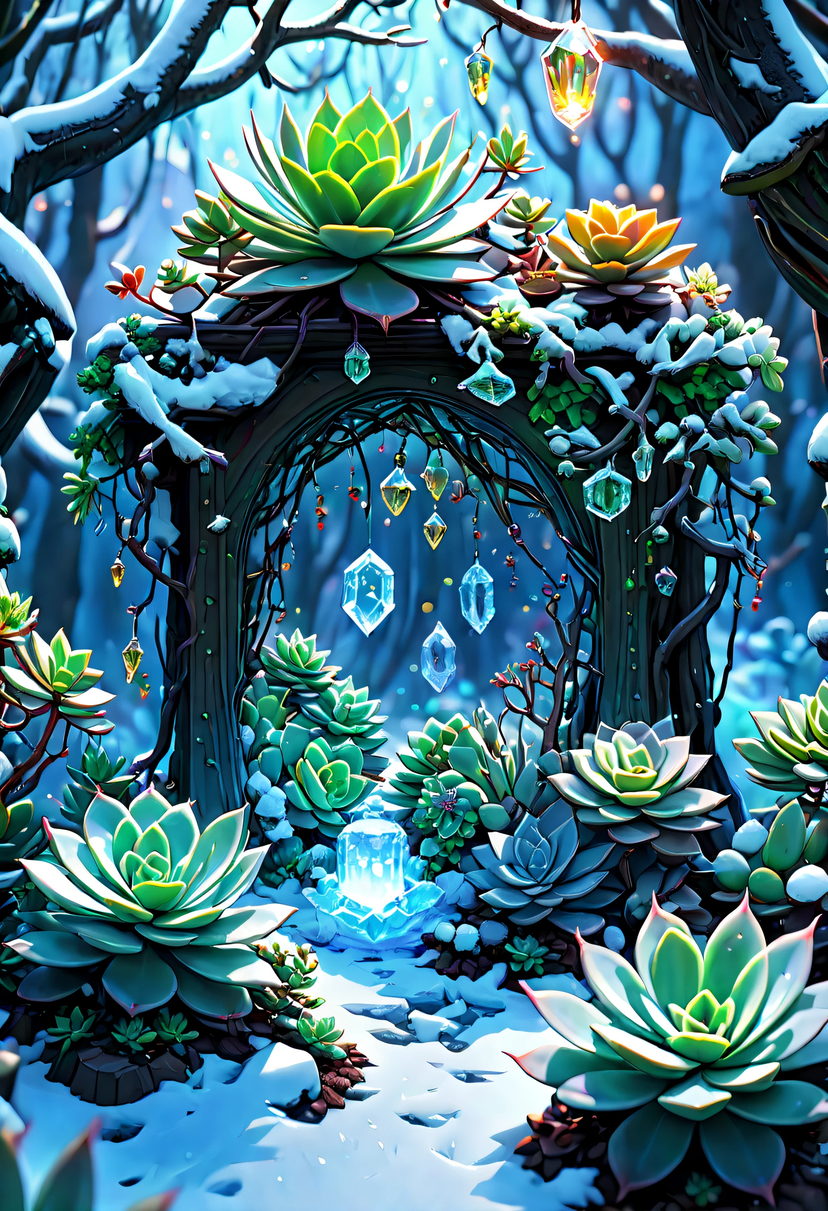 tmasterpiece，Best quality，high high quality，The content is very detailed，8K，(Close-up of succulents:1.5),Fantastic snow and ice jungle，ice witch，Colorful ice magic，Glowing Elves，Natural elements in the forest theme，Colorful snow and ice jungle，Epic fantasy art style，Delicate leaves and branches are surrounded by fireflies（nature elements），（Jungle theme），（leafs），（tree branch），（glowworm），（particle effect）and other 3D， Octagon rendering，ray traycing，Super meticulous，Depicting the harmony between man and nature