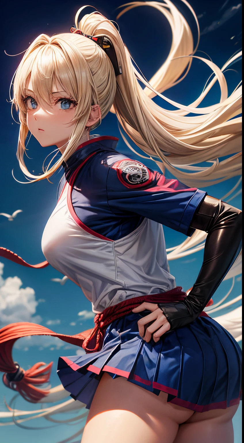 estilo anime, dojo ninja na montanha, Nuvens ao redor, brazi, ninja feminino, WMASK, longos cabelos blonde em movimento, vestido decotado sexy white ninja, lingerie vermelha aparecendo,  treinamento em espadas ninja