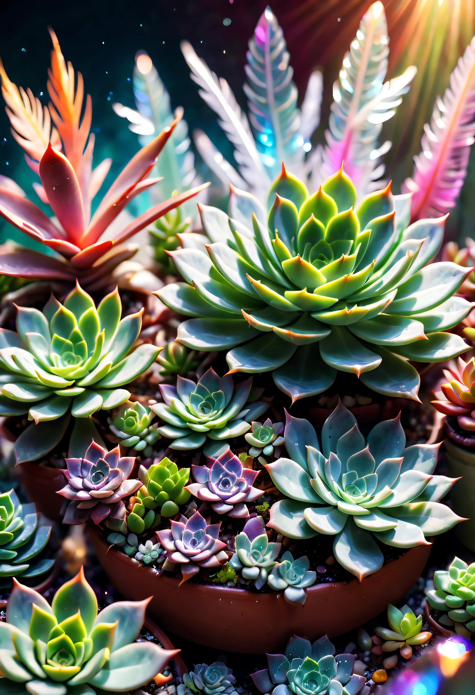 tmasterpiece，Best quality，high high quality，The content is very detailed，8K，(Close-up of succulents:1.5),Fantastic snow and ice jungle，ice witch，Colorful ice magic，Glowing Elves，Natural elements in the forest theme，Colorful snow and ice jungle，Epic fantasy art style，Delicate leaves and branches are surrounded by fireflies（nature elements），（Jungle theme），（leafs），（tree branch），（glowworm），（particle effect）and other 3D， Octagon rendering，ray traycing，Super meticulous，Depicting the harmony between man and nature