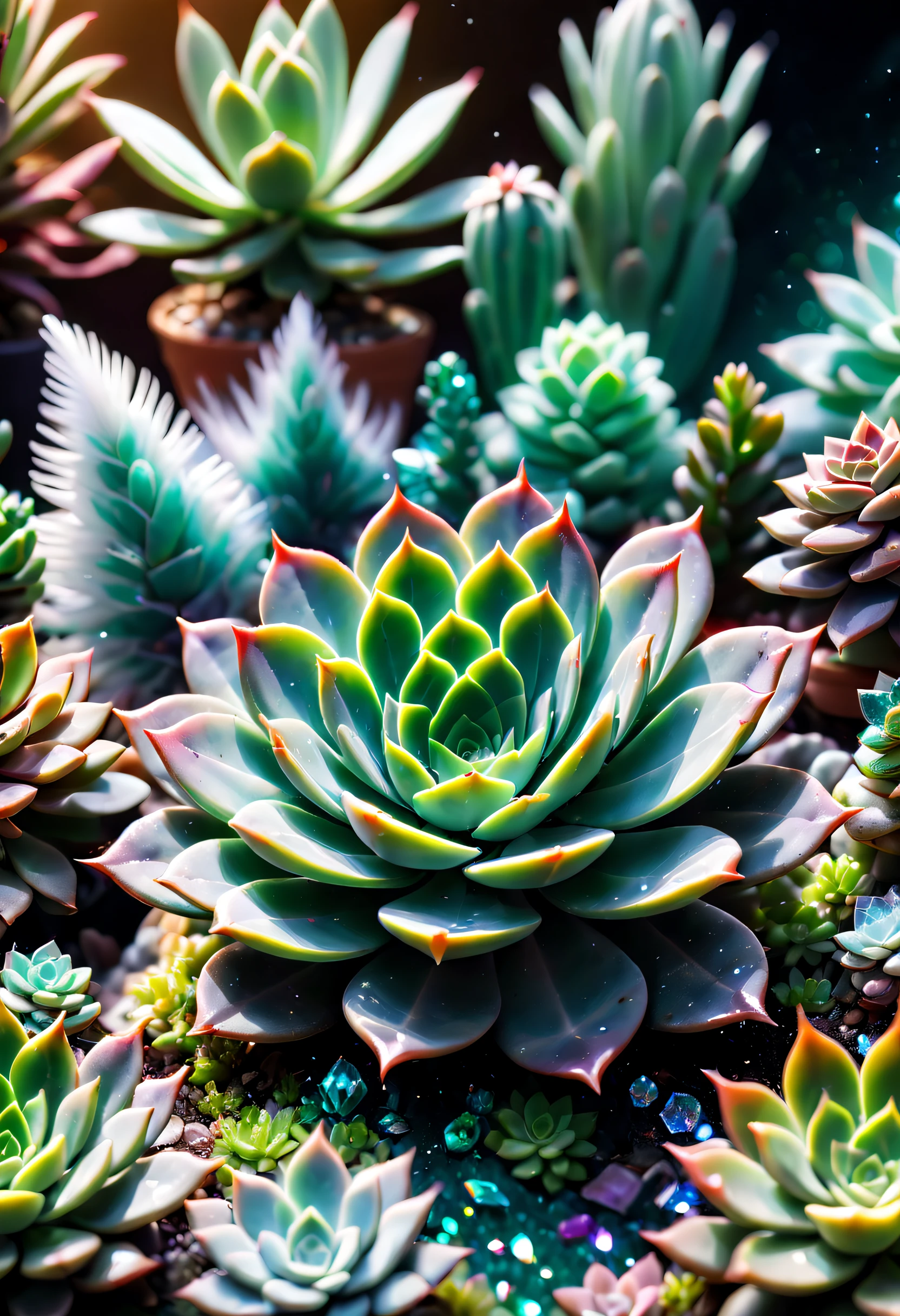 crystals fantasy,Close-up of succulents,many color,toes up,Countless sparkling feathers flutter in the air, like a dream, galactic, cleanness, shallowdepthoffield, jade background blur, Sparkling, Sparkling, Amazing cleavage, Colorful, magical photography,dramatic lights,photo-realism,hyper-detailing,4K,degree of freedom,A high resolution