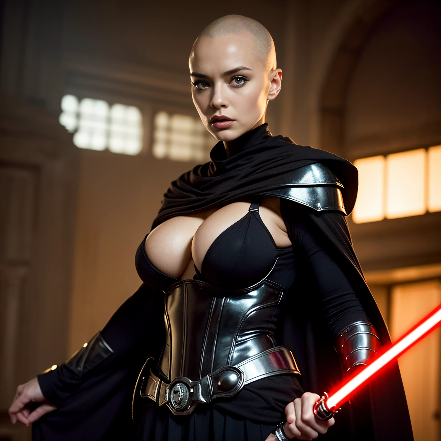 (masterpiece:1.2, best quality:1.2, beautiful, high quality, highres:1.1, aesthetic), detailed, extremely detailed, ambient soft lighting, 4K, perfect eyes, angular face, sharp features, large nose, perfect lighting, 1girl, action scene, lightsaber fighting, lasers, explosions, fire, motion lines, depth of field, masterpiece, best quality, high-definition, armor, busty, (asajj ventress), dual red lightsabers, evil space knight, space ninja, (wearing black robes, black stealth armor, breastplate, tunic, tabard, cowl, cloak, body glove, straps, buckles, skirts, long sleeves, fantasy, ((armor))), ((busty), slender body, thin, slim sexy body, slim waist, (((huge breasts, gigantic breasts)))), Imperial starship, Star Wars,