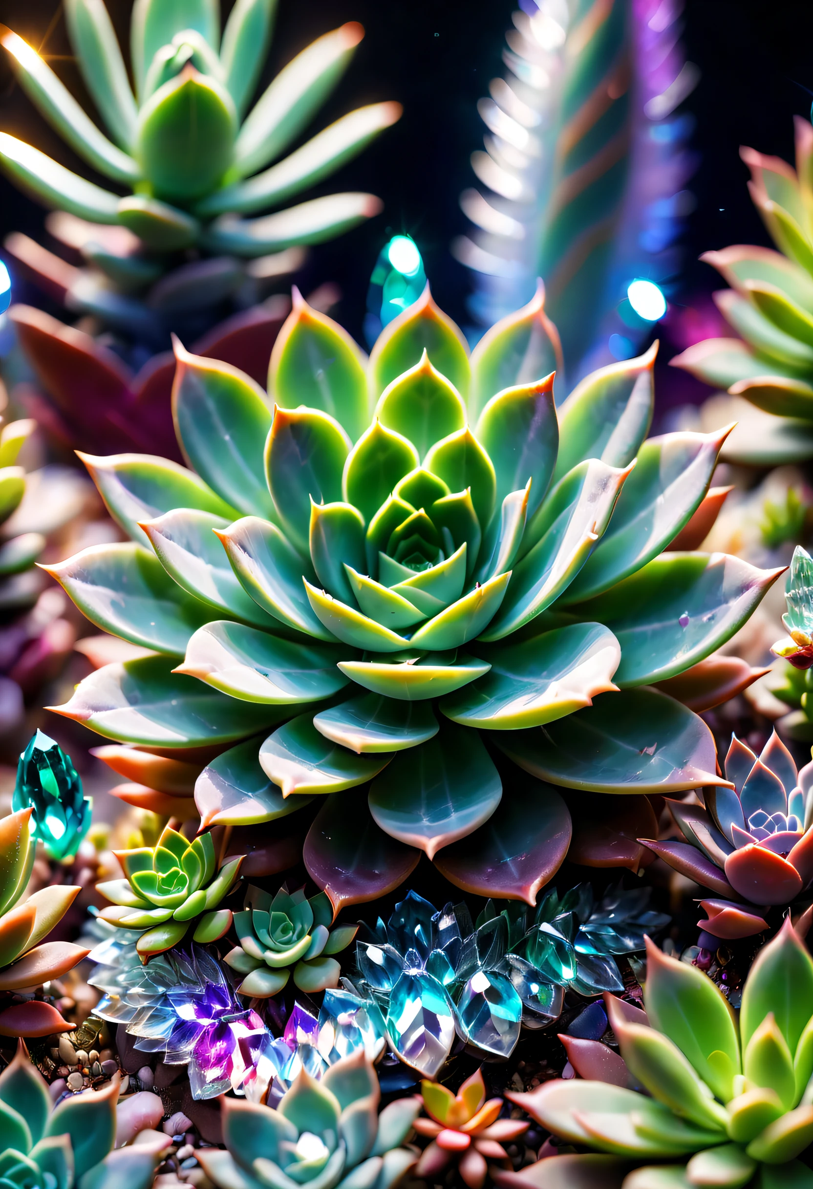 tmasterpiece，Best quality，high high quality，The content is very detailed，8K，(Close-up of succulents:1.5),Fantastic snow and ice jungle，ice witch，Colorful ice magic，Glowing Elves，Natural elements in the forest theme，Colorful snow and ice jungle，Epic fantasy art style，Delicate leaves and branches are surrounded by fireflies（nature elements），（Jungle theme），（leafs），（tree branch），（glowworm），（particle effect）and other 3D， Octagon rendering，ray traycing，Super meticulous，Depicting the harmony between man and nature