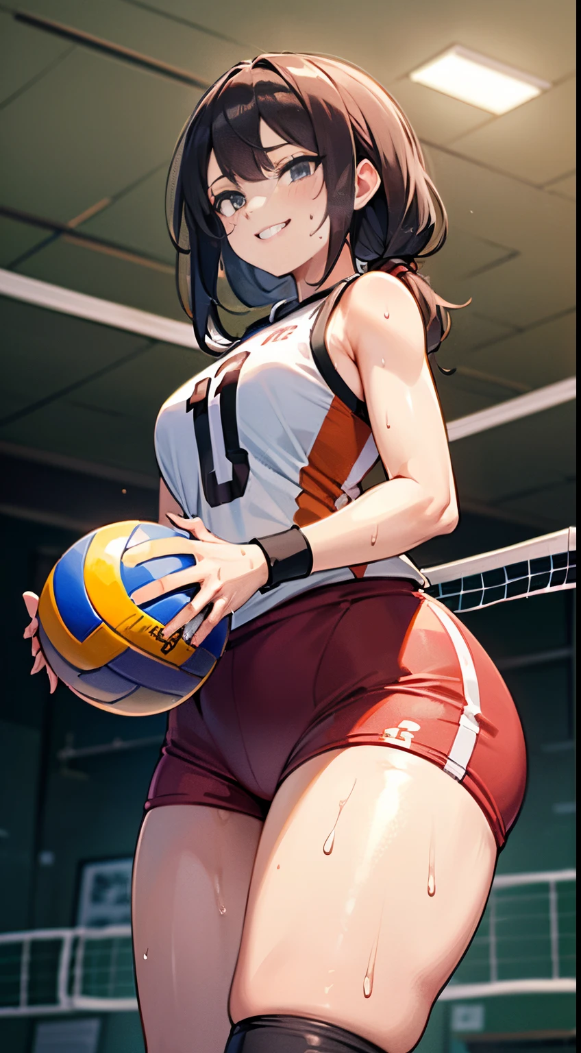 (((masterpiece))), (((best quality))), (((ultra detailed))), (((high-resolution))), ((super fine illustration)), ((Ultimate cutie)), detailed beautiful face, shiny hair, (gyaru), medium breasts, ((potbelly)), (((2girls))), (((2female volleyball players))), sad, (tearfully), BREAK, (((hold the stained spherical shape 6-inch volleyball))), BREAK, (((buruma))), (Volleyball Uniform), sleeveless volleyball uniform, (((buruma))), (kneepad), (elbow pad), (bare Hands), ((sweat)), ((covered in sweat)), (breath), in Volleyball Court, in gymnasium, lighting, from below, looking down