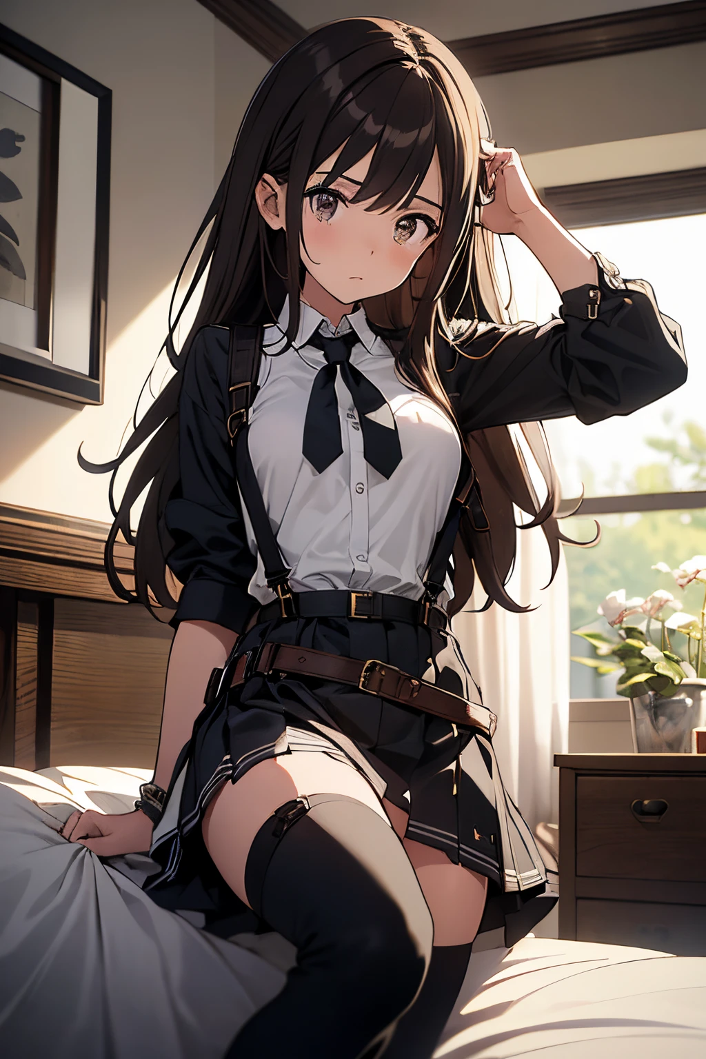 masterpiece、flat-colors、depth of fields、lens flare 1 girl、、Brown hair、watching at viewers black suspenders Bulging big breasts walls: Black miniskirt garters Gaze Small face bangss holster Belt Armament Beautuful Women srestrained hands up Lying in bed Leg holster lying on the bed Gaze Black boots