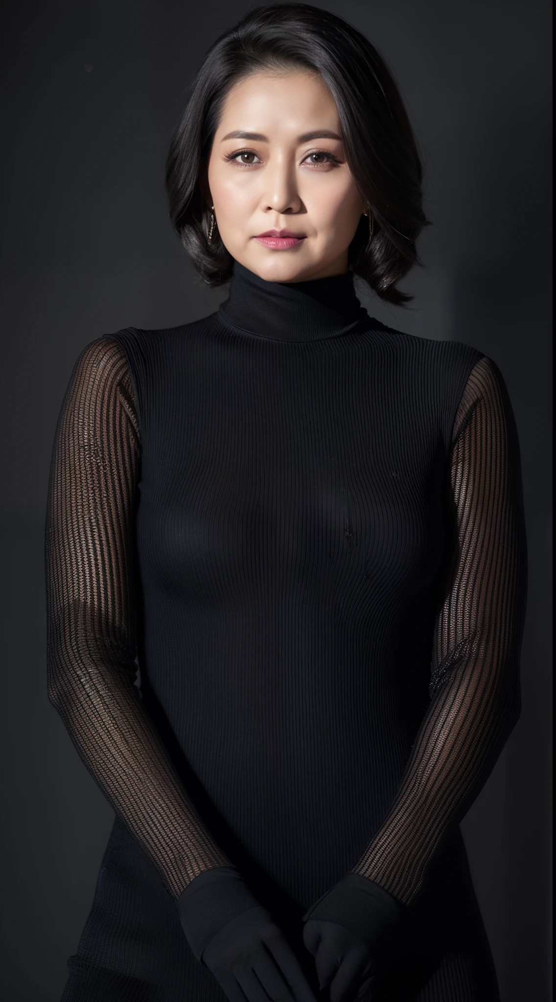 tmasterpiece,Best quality, (A mature woman), ((looking-down, looking at viewert)), cosmetics, Black turtleneck see-through outfit，Bigchest，Bigchest，Bigchest，Elegance,Black greasy curly pantyhose, ((Seductive expressions, ssmile:0.3)),