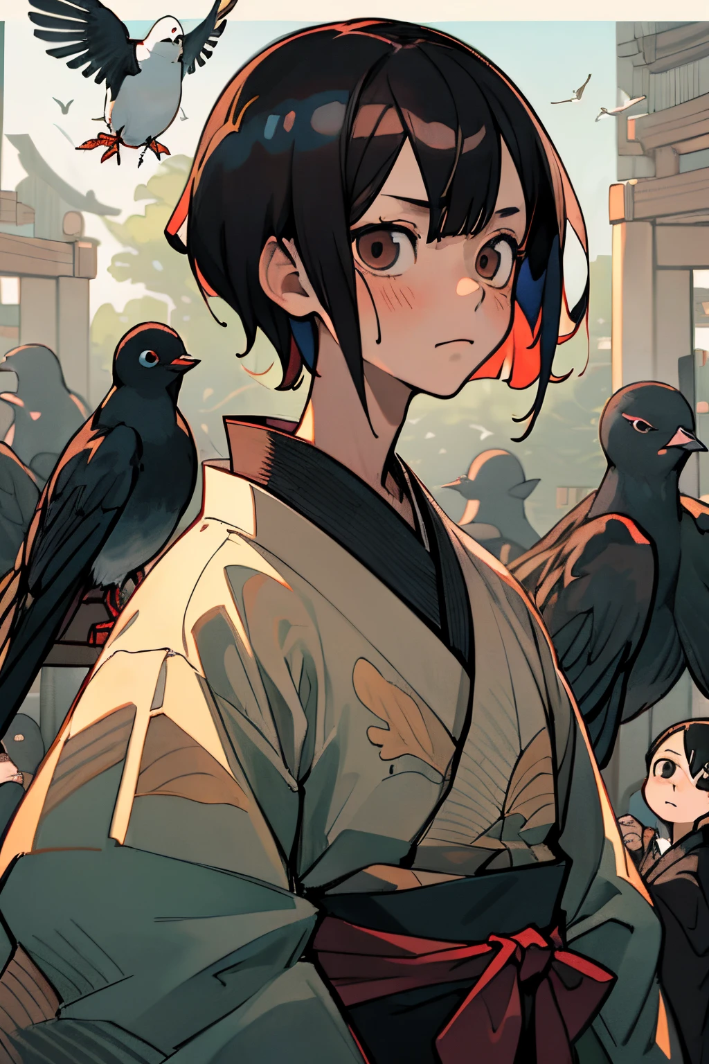 (Best Quality, masutepiece), (1boy, 1girl in, Face-to-face:1.1), Upper body, A dark-haired、Kimono、Hordes of birds