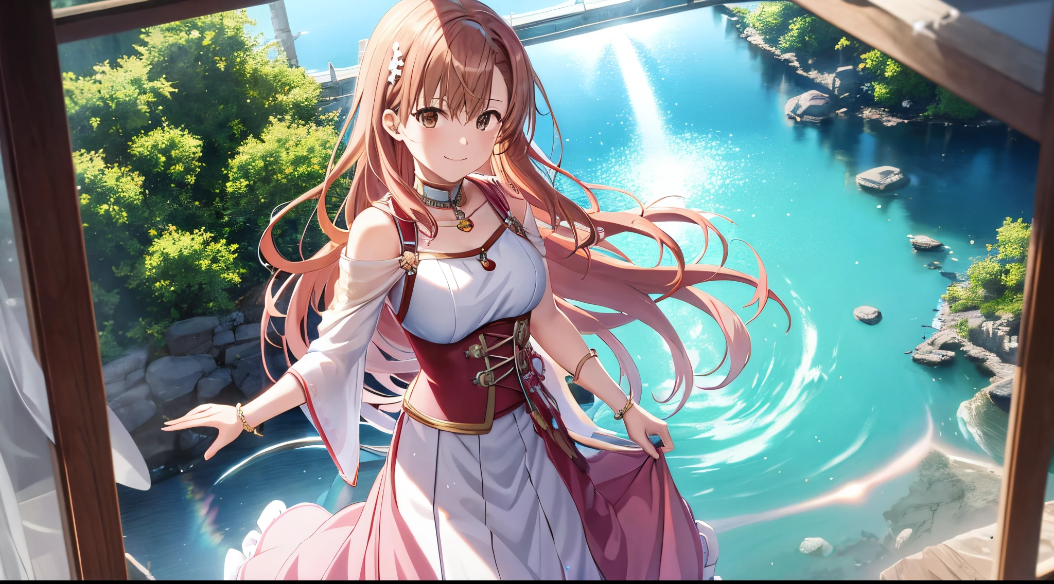 Anime view of Misaka mikoto, 1girl, kawaii, solo, chestnut hair, hairpin,brown eyes, standing, looking at viewer,smile,greek goddess ethereal armor,praying beads on neck, long skirt,white marbled greek Acropolis waterfalls,rainbow clouds,anime style,deep depth of field,wide angle view,Lumen Reflections,Screen Space Reflections,Diffraction Grading,Chromatic Aberration,GB Displacement,Scan Lines,Ray Traced,Anti-Aliasing,FXAA,TXAA,RTX,SSAO,Shaders,OpenGL-Shaders,GLSL-Shaders,Post Processing,Post-Production,cell Shading,Tone Mapping,CGI,VFX,SFX,insanely detailed and intricate, 4K
