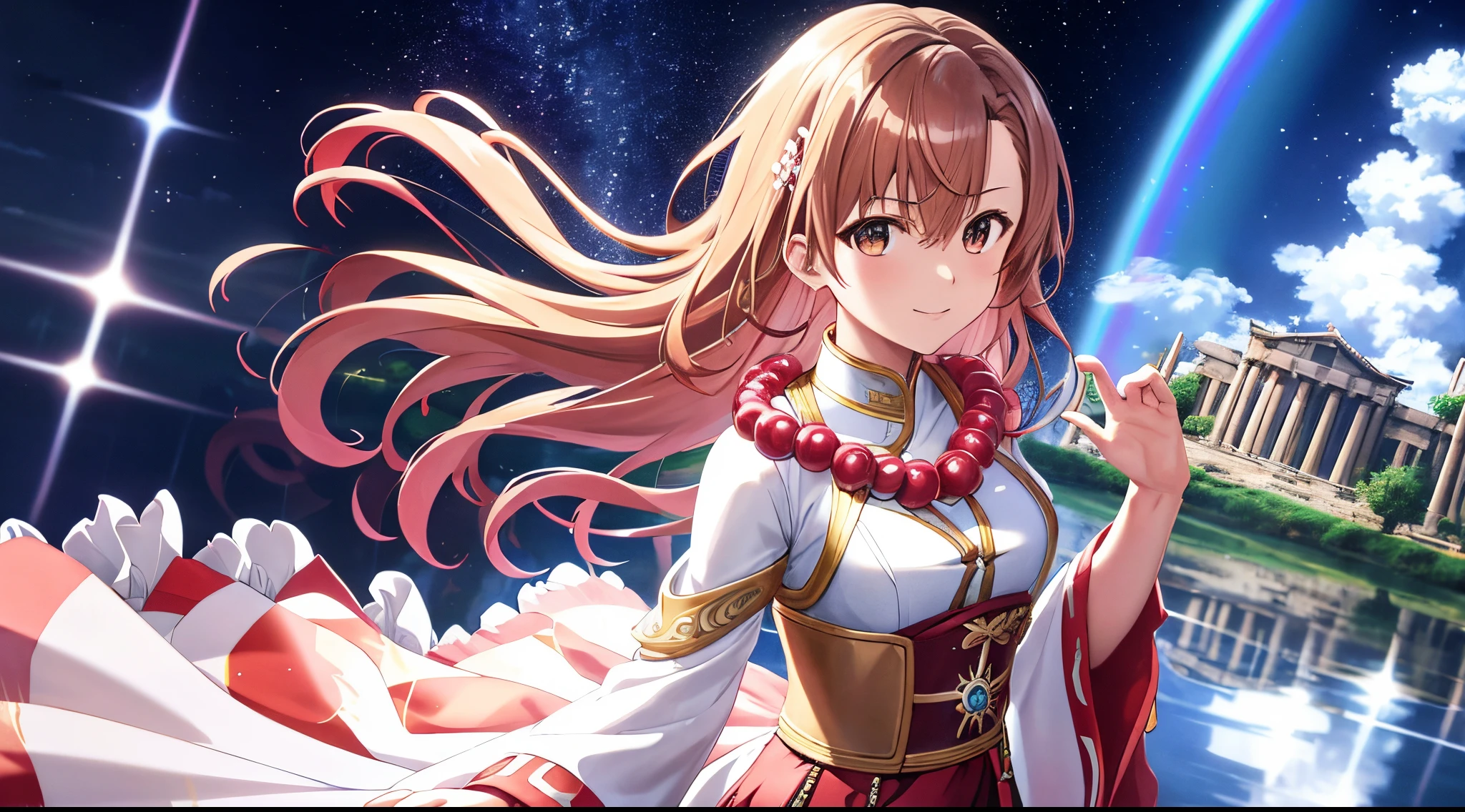Anime view of Misaka mikoto, 1girl, kawaii, solo, chestnut hair, hairpin,brown eyes, standing, looking at viewer,smile,greek goddess ethereal armor,praying beads on neck, long skirt,white marbled greek Acropolis waterfalls,rainbow clouds,anime style,deep depth of field,wide angle view,Lumen Reflections,Screen Space Reflections,Diffraction Grading,Chromatic Aberration,GB Displacement,Scan Lines,Ray Traced,Anti-Aliasing,FXAA,TXAA,RTX,SSAO,Shaders,OpenGL-Shaders,GLSL-Shaders,Post Processing,Post-Production,cell Shading,Tone Mapping,CGI,VFX,SFX,insanely detailed and intricate, 4K
