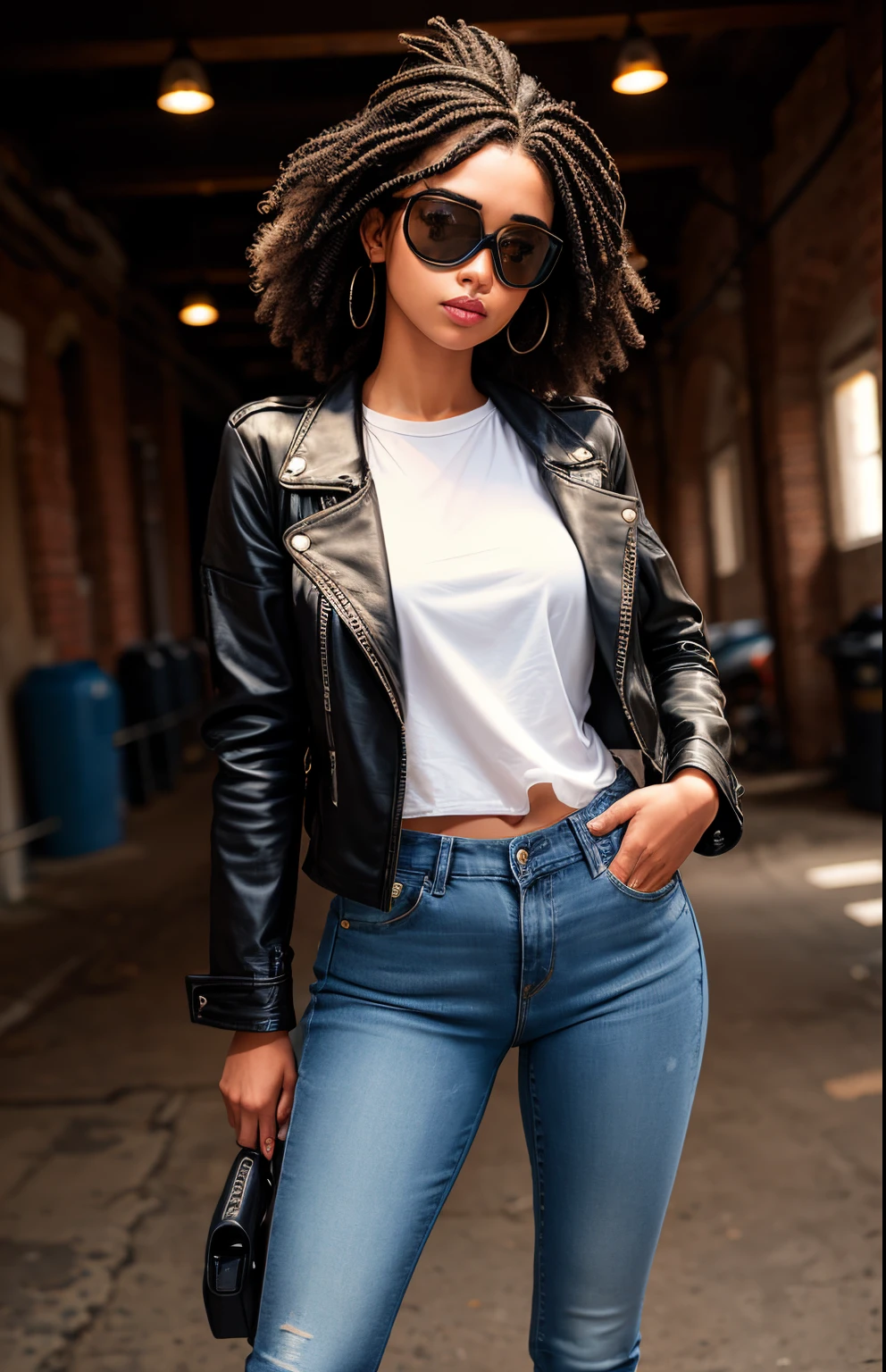 1girl, cabelo rabo de cavalo preto com mechas loiras, wearing goggles, jeans e jaqueta com listras pretas e brancas