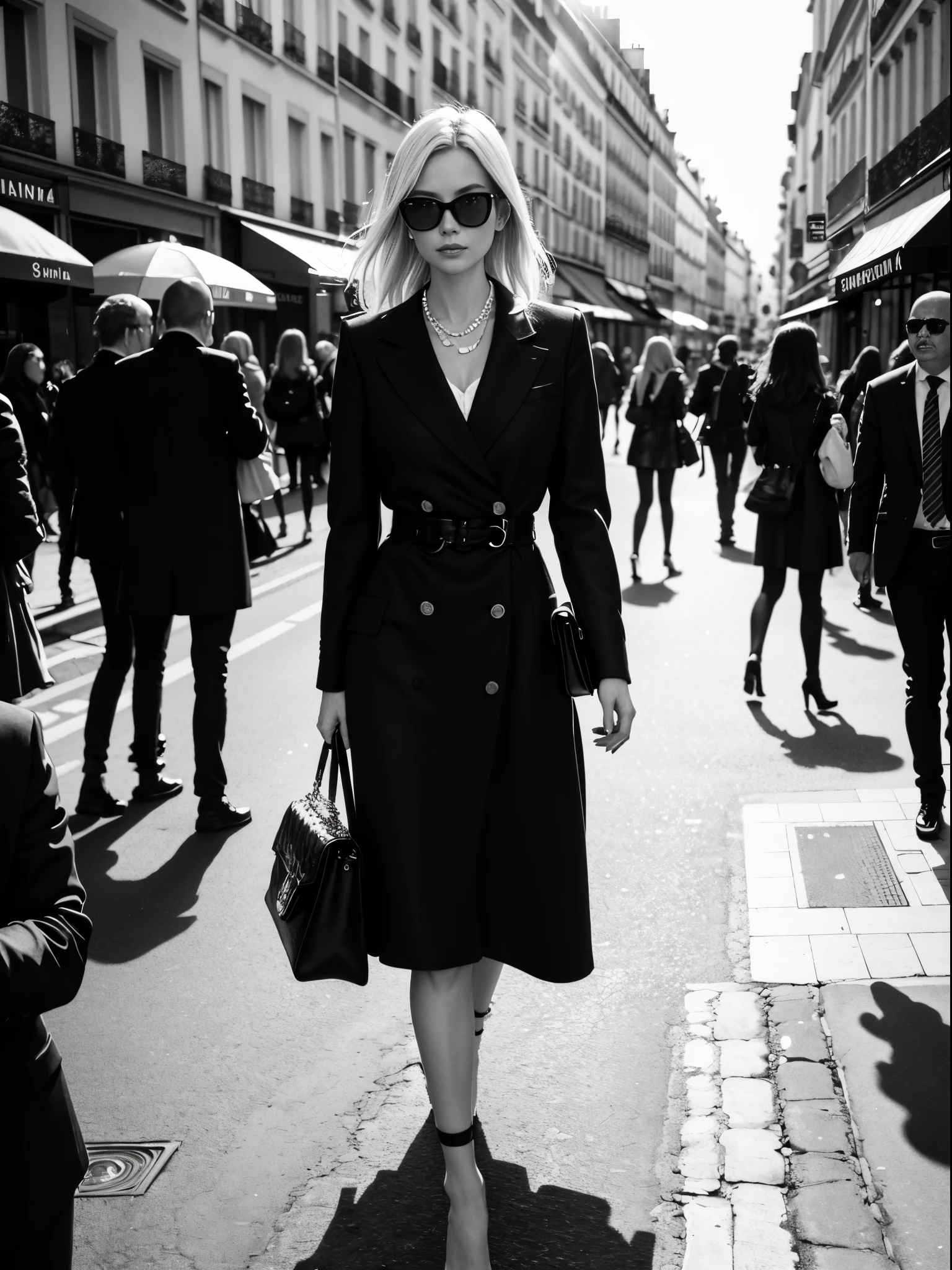 1 female focused, swedish woman model walking down a busy city street in a dress, proportion of fashion models, sunglass, a black and white photo, in Paris, standing in Paris, (paparazzi), street photography style, shot on Leica summilux 35mm, (lens flare), CHANEL advertising, kodak 400tx, mesmerizing, ((black and white photography)), (low key)