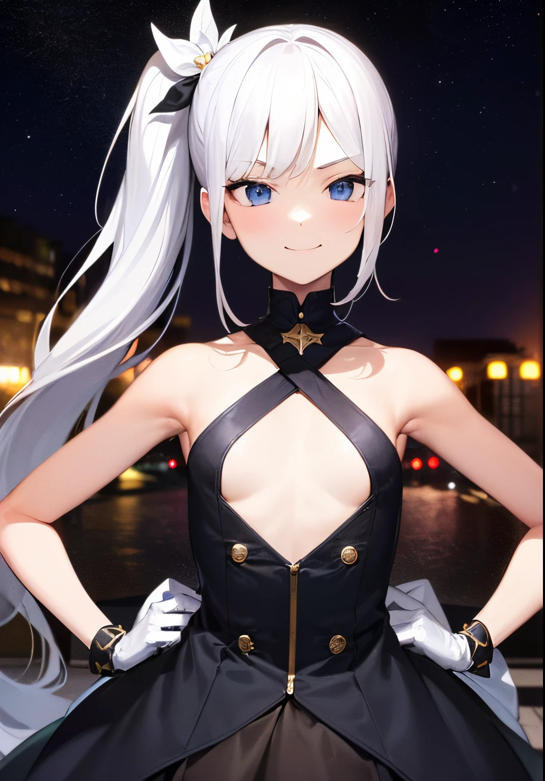 1girl, solo, absurdres, best quality, (smug smile:1.2), white hair, blue eyes, sleeveless dress, hair ornament, black dress, short, side ponytail, long hair, outdoors, nighttime, night, city, stars, starry sky, small breasts, flat chest, white gloves, white stockings, (hands on hips:1.2), (portrait, straight on, POV, looking at viewer, upper body:1.3)