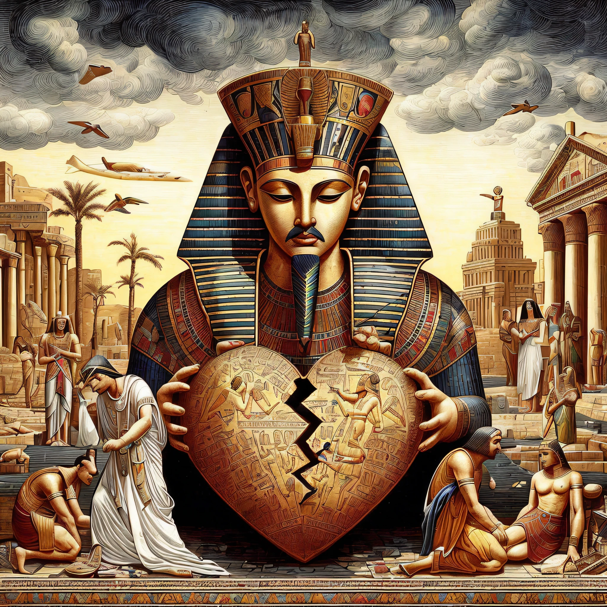 a person々picture of a man holding a broken heart in front of a group of people, egypt themed art, by Ron Walotsky, Egyptian mythology, pj crook, ancient egypt painting, Pharaoh, Pharaoh, egypt god, egyptian art, Symbolism of Egypt, Masonic art, Sermon on Philistine Greed, by Tomek Setowski, mark brooks detailed
