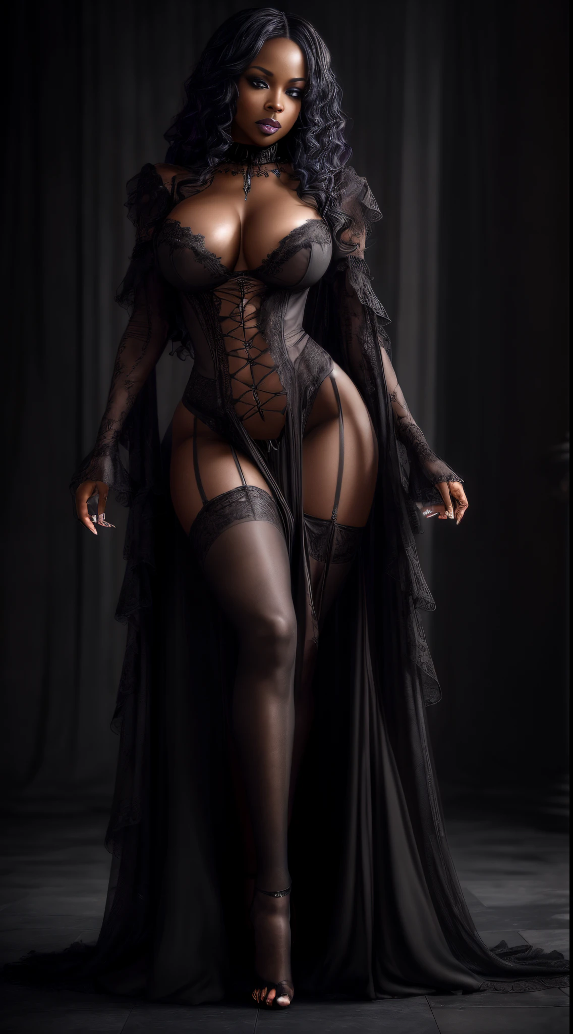 (best quality, 4k, 8k, highres, masterpiece:1.2), ultra-detailed, (realistic,photorealistic,photo-realistic:1.37), gorgeous light skin black woman, vampire, seductive gaze, gothic background, sensual beauty, gothic fashion, ripped black gothic mini gown, torn clothes, pantyhose, dark colors, moody lighting, full body pose, (((crawling on knees))), (((full hips)))