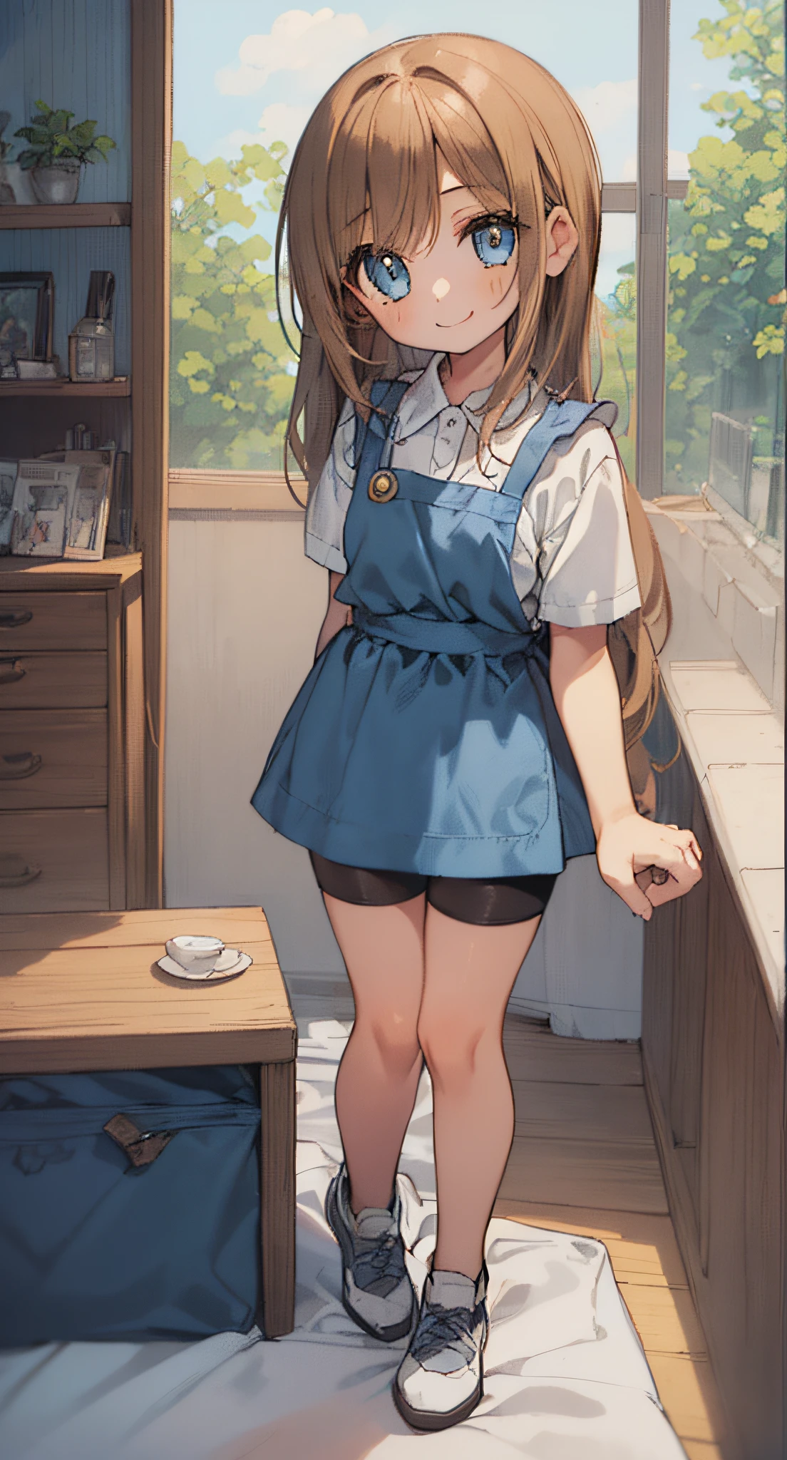 Beautiful illustration, Best Quality,(-yeld gi1.5)、(cute petit girl：1.6)、Lori、flat chest、(girl like bisque doll)、white  shirt、(navy short apron、light blue culottes、Light blue shorts：1.6)、Gap between thigh and shorts、Beautiful blue eyes, Cinematic lighting, ((Brown straight hair))、(A bewildering smile:1.2)、Redness of the cheeks、full-body view