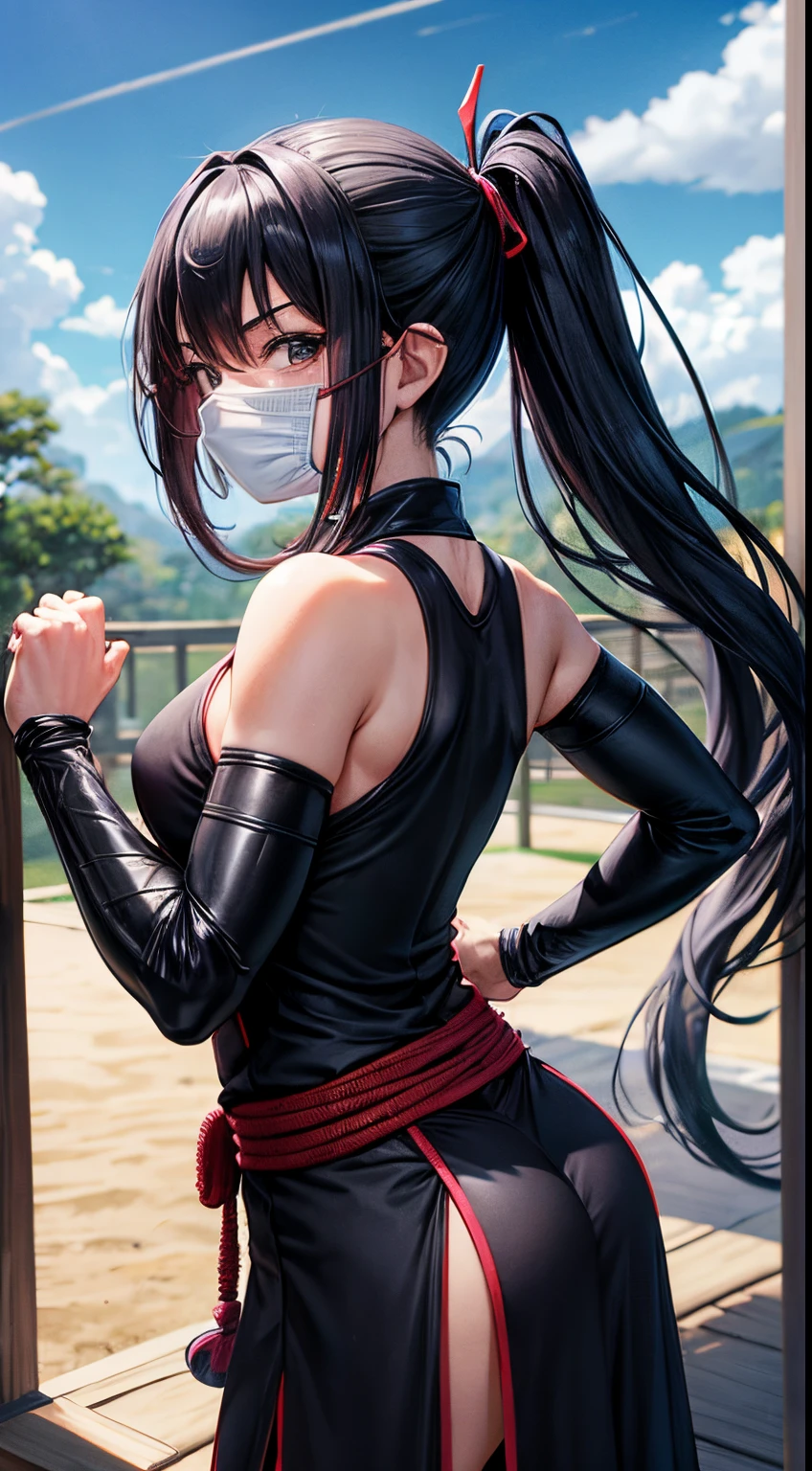 estilo anime, dojo ninja na montanha, Nuvens ao redor, brazi, ninja feminino, WMASK, longos cabelos negros em movimento, vestido decote sexy ninja, marcando bem o contorno dos seios e quadris, treinamento em nunchaco