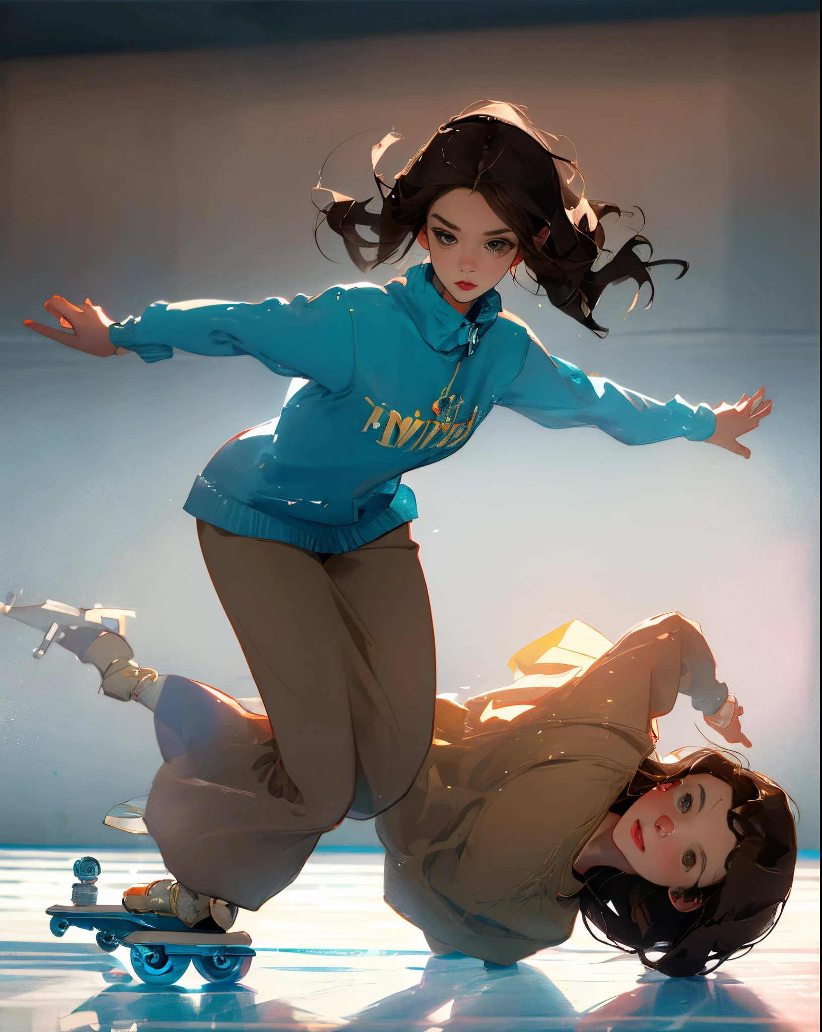 Anastasia with long brown hair and brown eyes learns to skate at the skating rink