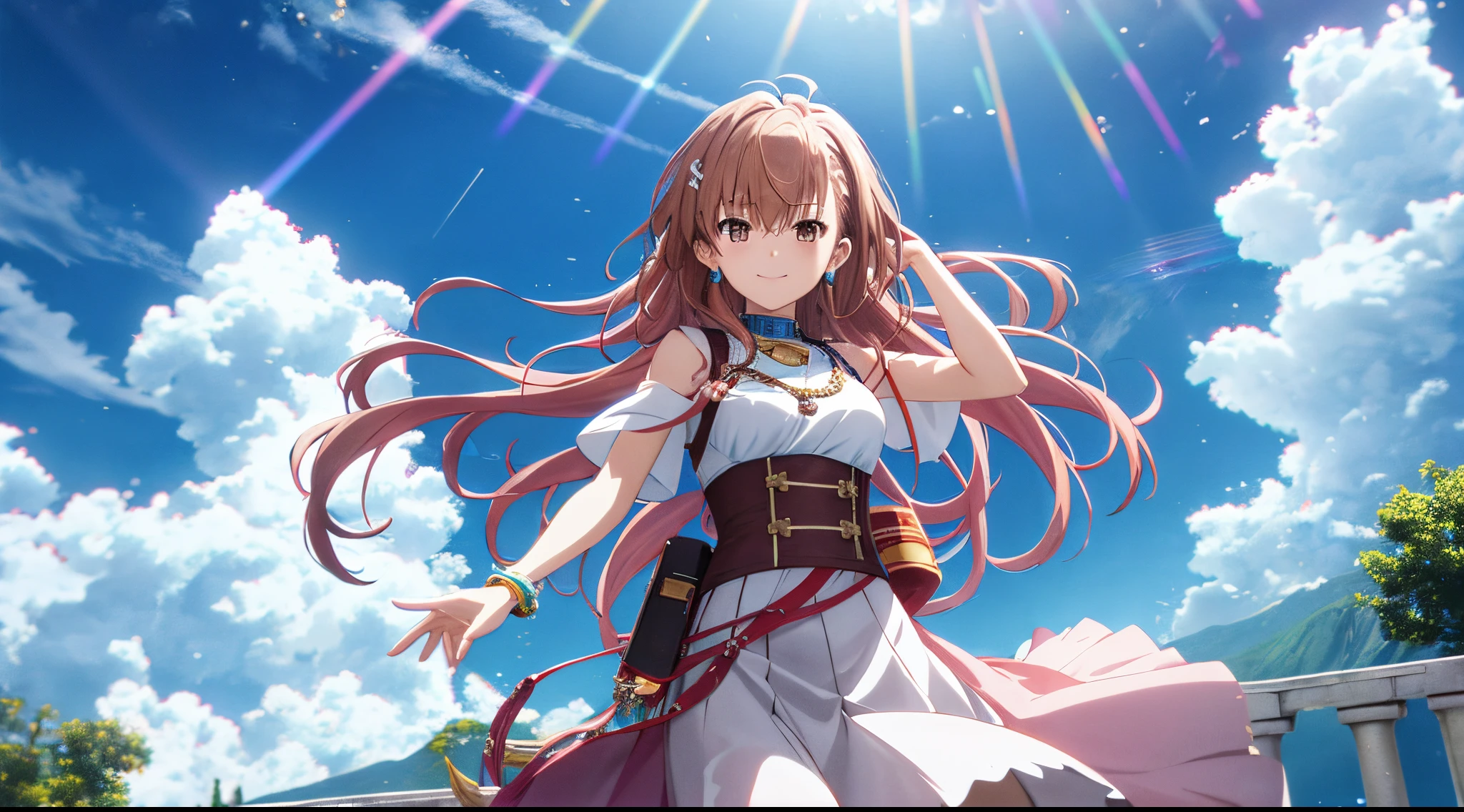 Anime view of Misaka mikoto, 1girl, kawaii, solo, chestnut hair, hairpin,brown eyes, standing, looking at viewer,smile,greek goddess ethereal armor,praying beads on neck, long skirt,white marbled greek Acropolis waterfalls,rainbow clouds,anime style,deep depth of field,wide angle view,Lumen Reflections,Screen Space Reflections,Diffraction Grading,Chromatic Aberration,GB Displacement,Scan Lines,Ray Traced,Anti-Aliasing,FXAA,TXAA,RTX,SSAO,Shaders,OpenGL-Shaders,GLSL-Shaders,Post Processing,Post-Production,cell Shading,Tone Mapping,CGI,VFX,SFX,insanely detailed and intricate, 4K