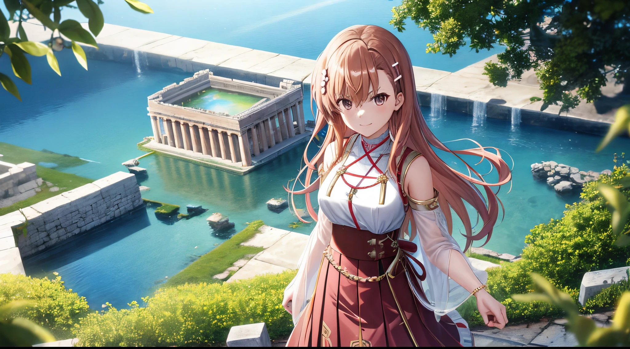 Anime view of Misaka mikoto, 1girl, teen girl, kawaii, solo, chestnut hair, hairpin,brown eyes, standing, looking at viewer,smile,greek goddess ethereal armor,praying beads on neck, long skirt,white marbled greek Acropolis waterfalls,rainbow clouds,anime style,deep depth of field,wide angle view,Lumen Reflections,Screen Space Reflections,Diffraction Grading,Chromatic Aberration,GB Displacement,Scan Lines,Ray Traced,Anti-Aliasing,FXAA,TXAA,RTX,SSAO,Shaders,OpenGL-Shaders,GLSL-Shaders,Post Processing,Post-Production,cell Shading,Tone Mapping,CGI,VFX,SFX,insanely detailed and intricate, 4K