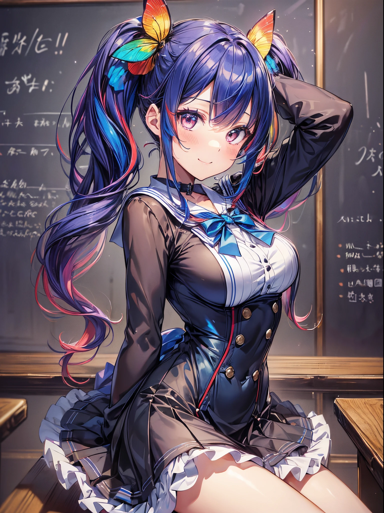 (masutepiece:1.3), (8K, Photorealistic, Raw photo, Best Quality: 1.4), Beautiful face, (Realistic face), Beautiful detailed eyes, (Realistic skin), Attractive, Intricate details,Golden ratio, 1 girl,Naughty smile, (rainbow hair:1.4),((Long twintails,Ribbon 1.4)),Gothic Lolita Fashion,(Blue butterfly hair ornament),a sailor suit、Scribble blackboard、Dynamic Pose,Dynamic Angle,Intricate details, Hyper realistic, Schools、‎Classroom