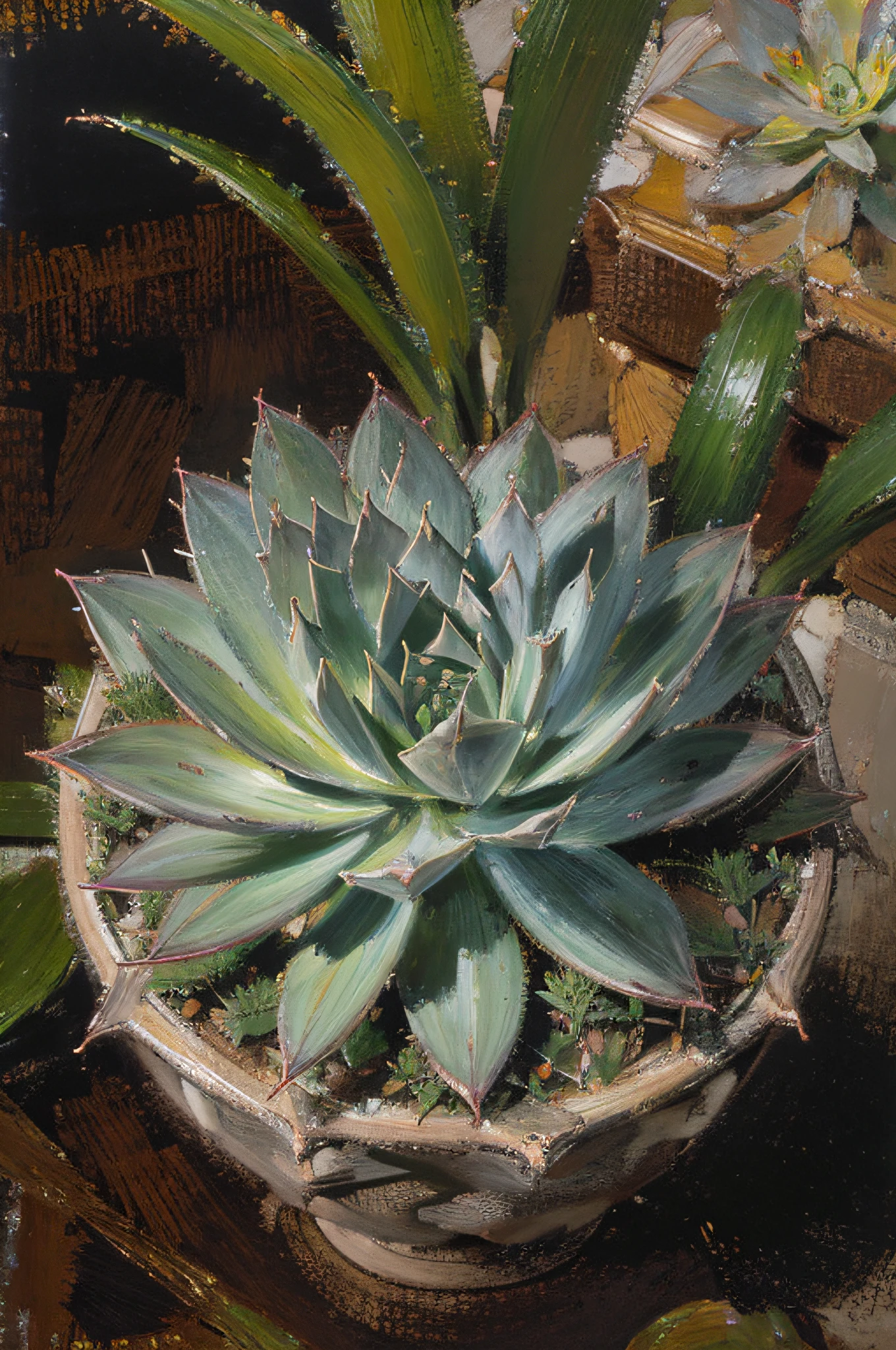 an oil painting of succulents in a garden, with vibrant colors, exquisite details, and a touch of surrealism. The succulents are meticulously rendered, capturing the subtle textures and unique shapes of each plant. The flowers bloom in various shades of green, from pale jade to deep emerald, creating a harmonious and lush composition. The leaves are thick and fleshy, with delicate veins running through them, adding to the intricate beauty of the scene. The garden is bathed in soft, warm sunlight, casting gentle shadows on the succulents and creating a peaceful ambiance. The painting showcases the natural resilience and elegance of succulents, inviting viewers into a serene and dreamlike world. With its masterful brushwork and attention to detail, this oil painting (best quality, highres, masterpiece:1.2) truly captures the essence of these captivating plants in a mesmerizing and captivating manner.