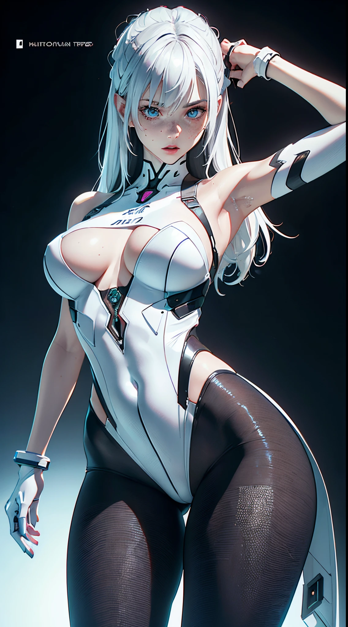 (((Young White Woman))), ((Best Quality)), ((Masterpiece)), (Detail: 1.4), 3D, A Beautiful Cyberpunk Woman with Simon Bisley-style micro thong, Genesis evangelion neon style clothing, 2-piece clothing, Long silver hair, arm tatoo, cybernetic hands, pastel, Centered, scale to fit the dimensions, nffsw (High dynamic range),Ray tracing,NVIDIA RTX,Hyper-Resolution,Unreal 5,Subsurface Dispersion, PBR Texture, Post-processing, Anisotropy Filtering, depth of fields, Maximum clarity and sharpness, Multilayer textures, Albedo and specular maps, Surface Shading, accurate simulation of light and material interactions, Perfect proportions, Octane Render, Two-tone lighting, Wide aperture, Low ISO, White Balance, thirds rule, 8K Raw, Crysisnanosuit,loraeyes,nijistyle,pantyhose, freckles, nsfw, sexual pose ,High detailed, 300dpi, pornstar, ((((white background))), (((sexy pose))), (((flirt))), Blue eyes