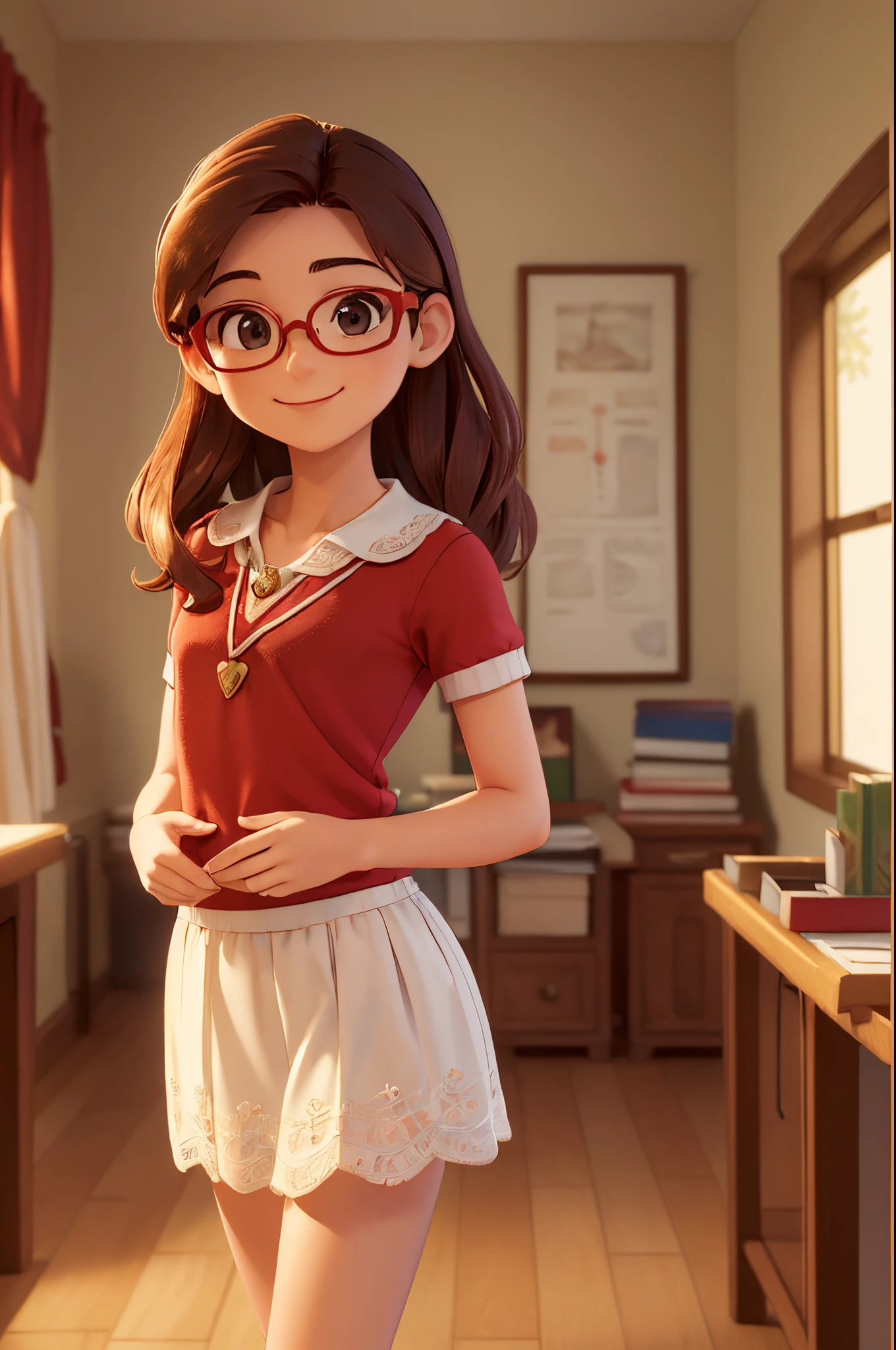 (A small chest:1.3),(Masterpiece, Best quality:1.4), (Beautiful, Aesthetic, Perfect, Delicate, Intricate:1.2),((Best quality)), ((Masterpiece)), (Detailed),(A high resolution:1.2), Classroom, An adult female, Smiling Claudia Chever, Red shirt, White skirt, Glasses, Bend over, angle of view,