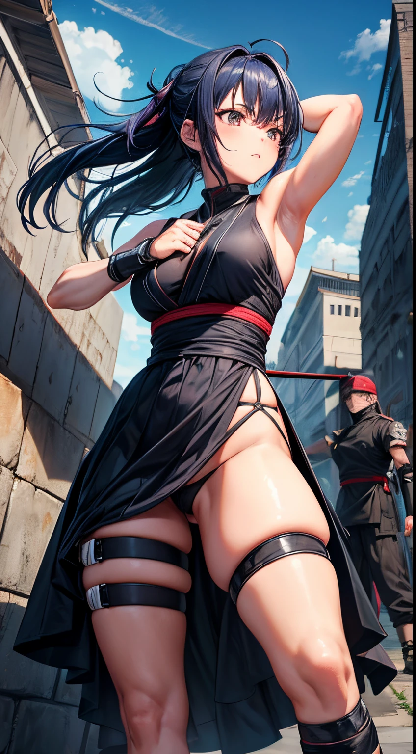 estilo anime, dojo ninja na montanha, Nuvens ao redor, brazi, ninja feminino, WMASK, longos cabelos negros em movimento, vestido decote sexy ninja, marcando bem o contorno dos seios e quadris, treinamento em nunchaco