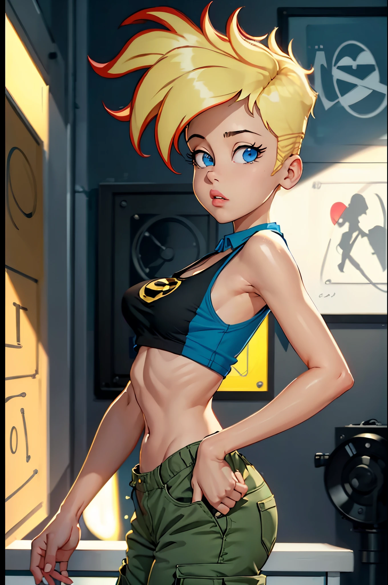 ((masterpiece, best quality)),(complex light),1girl, solo, portrait, jenny test, blonde hair,blue eyes, pants, running, midriff, open shirt, tank top, long hair, short sleeves shirt, looking at the viewer,