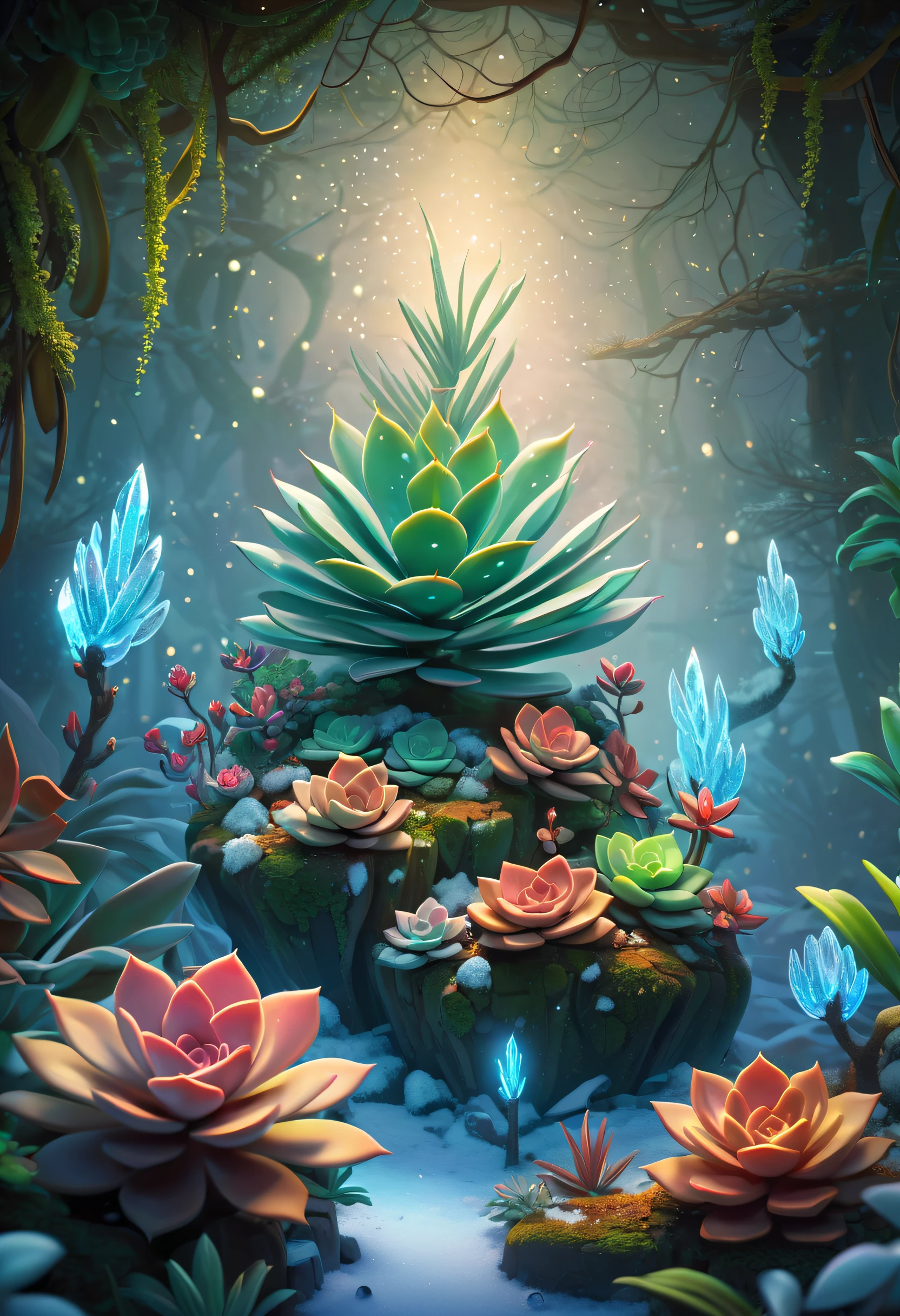 tmasterpiece，Best quality，high high quality，The content is very detailed，8K，(Close-up of succulents:1.5),Fantastic snow and ice jungle，ice witch，Colorful ice magic，Glowing Elves，Natural elements in the forest theme，Colorful snow and ice jungle，Epic fantasy art style，Delicate leaves and branches are surrounded by fireflies（nature elements），（Jungle theme），（leafs），（tree branch），（glowworm），（particle effect）and other 3D， Octagon rendering，ray traycing，Super meticulous，Depicting the harmony between man and nature