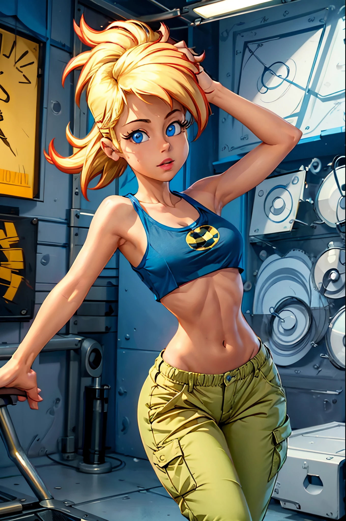 ((masterpiece, best quality)),(complex light),1girl, solo, portrait, jenny test, blonde hair,blue eyes, pants, running, midriff, open shirt, tank top, long hair, short sleeves shirt, looking at the viewer,