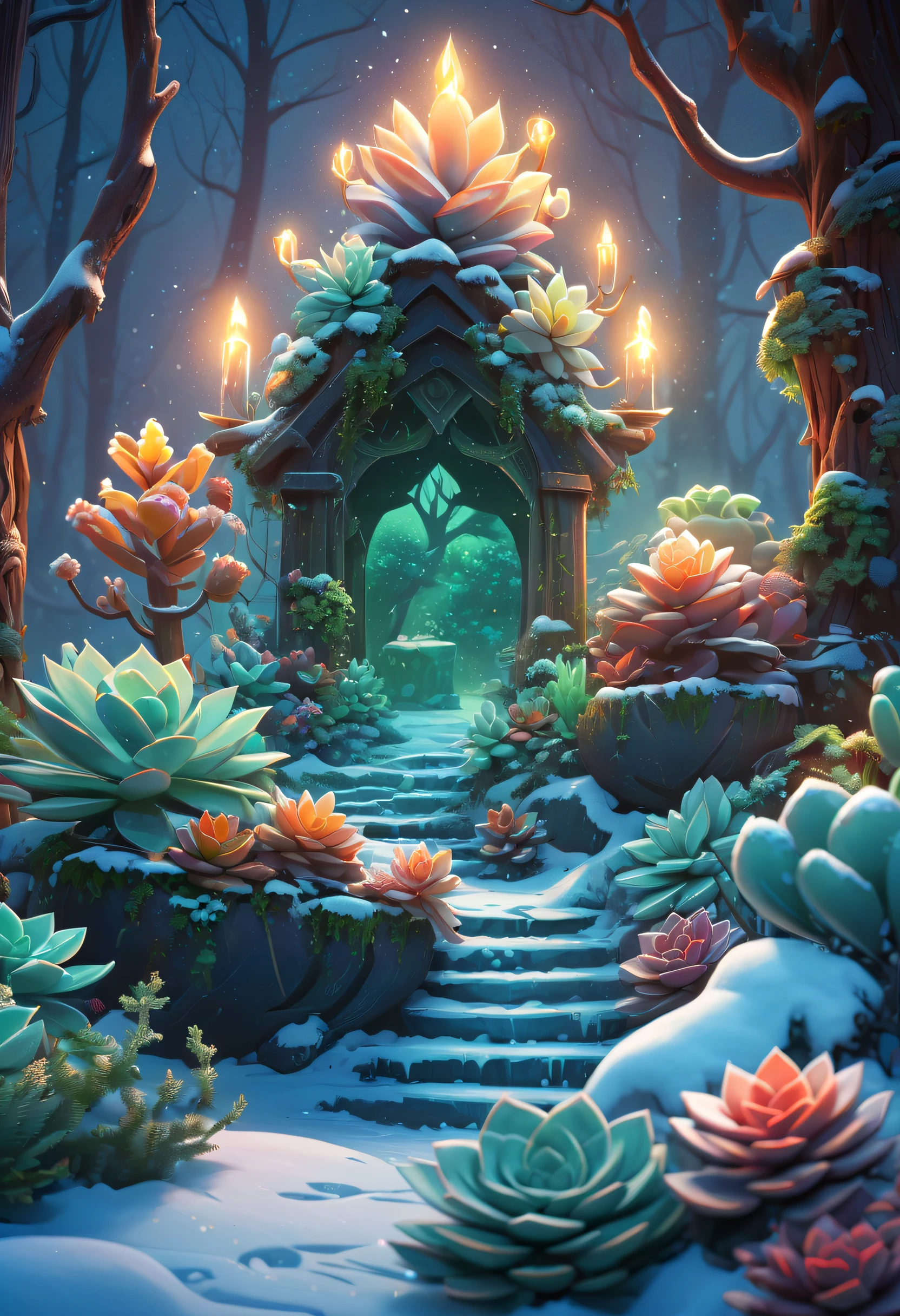 tmasterpiece,Best quality,high high quality,The content is very detailed,8K,(Close-up of succulents:1.5),Fantastic snow and ice jungle,ice witch,Colorful ice magic,Glowing Elves,Natural elements in the forest theme,Colorful snow and ice jungle,Epic fantasy art style,Delicate leaves and branches are surrounded by fireflies(nature elements),(Jungle theme),(leafs),(tree branch),(glowworm),(particle effect)and other 3D, Octagon rendering,ray traycing,Super meticulous,Depicting the harmony between man and nature
