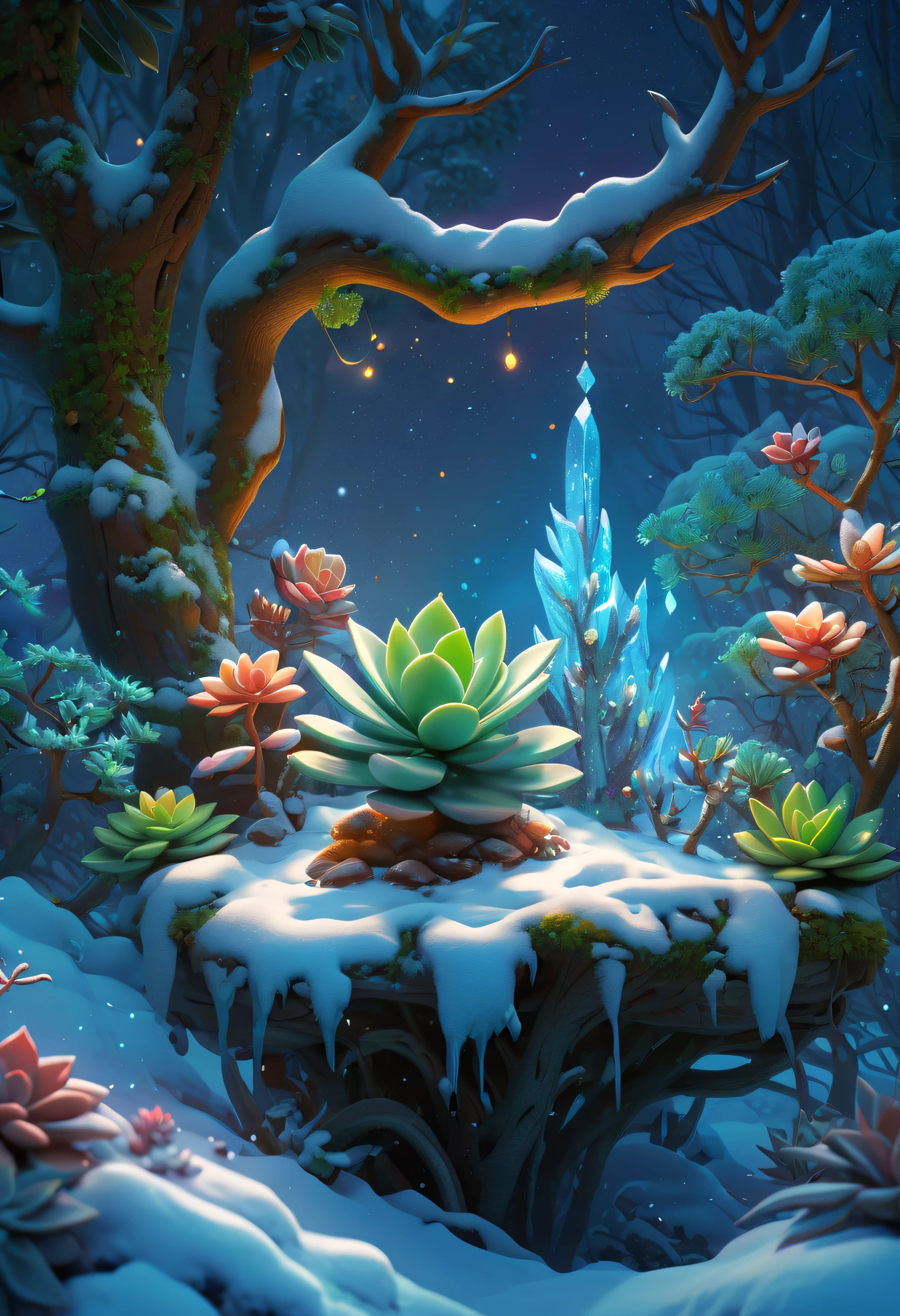 tmasterpiece,Best quality,high high quality,The content is very detailed,8K,(Close-up of succulents:1.5),Fantastic snow and ice jungle,ice witch,Colorful ice magic,Glowing Elves,Natural elements in the forest theme,Colorful snow and ice jungle,Epic fantasy art style,Delicate leaves and branches are surrounded by fireflies(nature elements),(Jungle theme),(leafs),(tree branch),(glowworm),(particle effect)and other 3D, Octagon rendering,ray traycing,Super meticulous,Depicting the harmony between man and nature