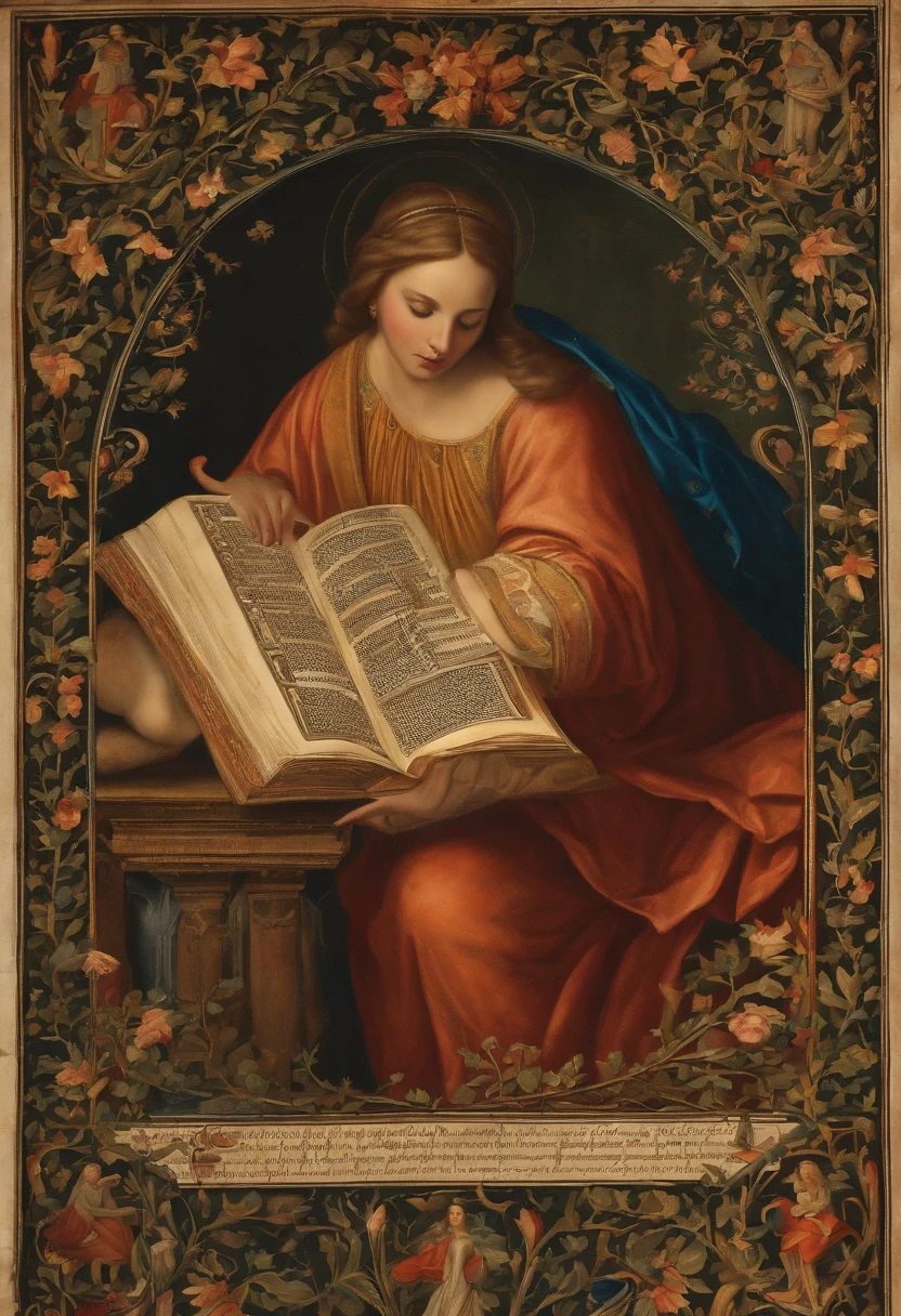 nude woman reading a book, masterpiece, 16th century painting, baroque style, Renaissance painting, lights and colors in the style of Rembrandt and Caravaggio, dark backgrounds, antique painting effect, full details