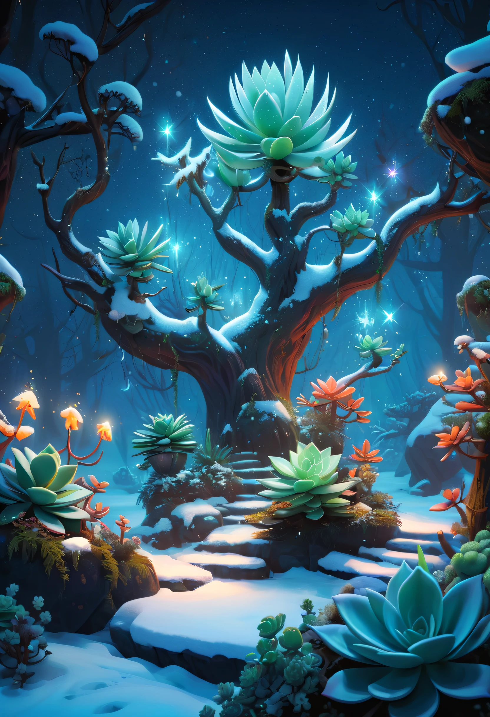 tmasterpiece，Best quality，high high quality，The content is very detailed，8K，(Close-up of succulents:1.5),Fantastic snow and ice jungle，ice witch，Colorful ice magic，Glowing Elves，Natural elements in the forest theme，Colorful snow and ice jungle，Epic fantasy art style，Delicate leaves and branches are surrounded by fireflies（nature elements），（Jungle theme），（leafs），（tree branch），（glowworm），（particle effect）and other 3D， Octagon rendering，ray traycing，Super meticulous，Depicting the harmony between man and nature