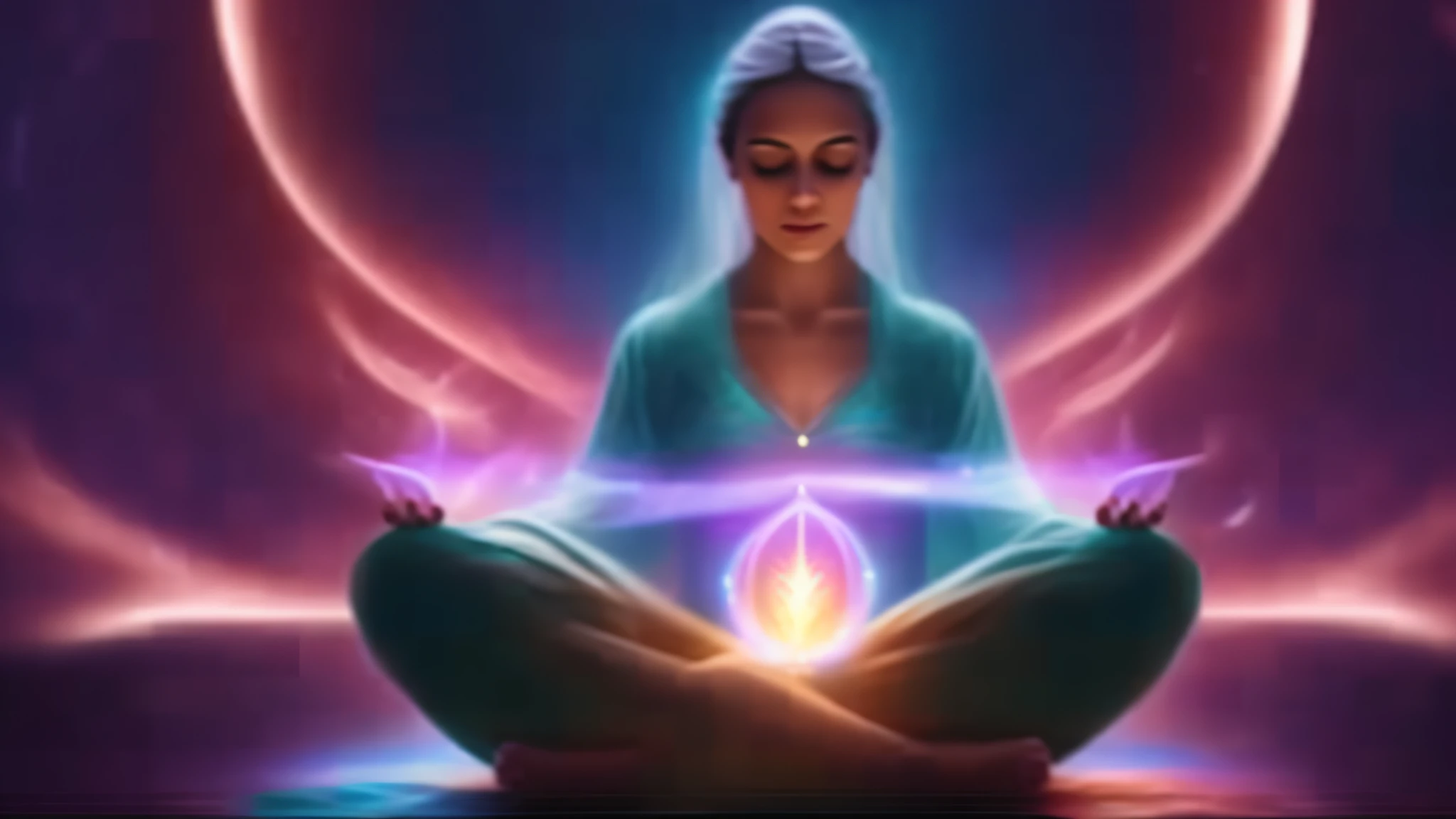a woman sitting in the lotus position with a glowing heart in the background, emitting psychic powers, kundalini energia, irradiando uma aura brilhante, powerful woman sitting in space, spiritual lighting, poder auras, channeling mystical energy, Psychic powers, canalizando a energia do terceiro olho, de aura hd, elven spirit meditating in space, aura escura brilhante