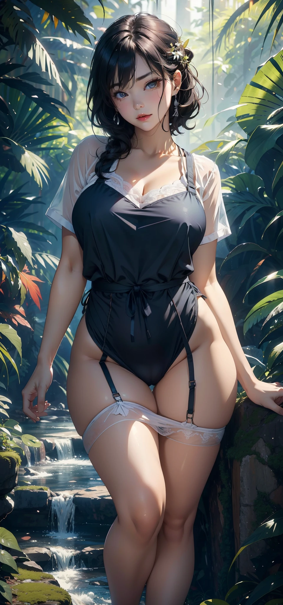 1female，25 age old，Large breasts，long leges，big  and thin waist，a little bit chubby， photo exposure， 独奏，（Background with：at a forest，the rainforest，in summer） She has short black hair，The stands up，seen from the front， curlies， The sky is mostly cloudy，（（（tmasterpiece），（Very detailed CG unified 8k wallpaper），Best quality，电影灯光，detailed back ground，beautidful eyes，Bright pupils，（very delicate beautiful），（Beautiful and detailed eyes description），ultra - detailed，tmasterpiece，）），facing at the camera，A high resolution，ultra - detailed），Expose  exposed，Bare ， Pubic hair is large，The lower body protrudes，Camel toes，（dressed in：Blue transparent apron，lace panty）nakeness，