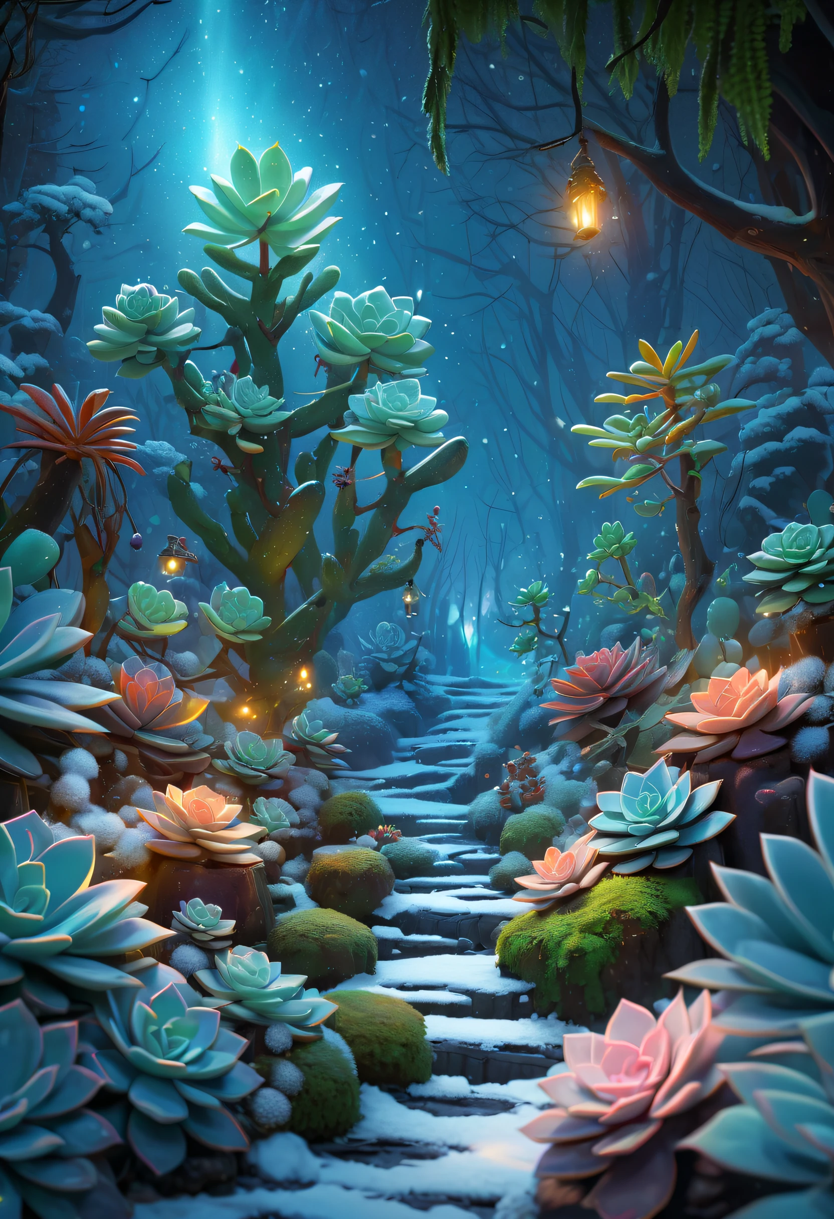 tmasterpiece，Best quality，high high quality，The content is very detailed，8K，(Close-up of succulents:1.5),Fantastic snow and ice jungle，ice witch，Colorful ice magic，Glowing Elves，Natural elements in the forest theme，Colorful snow and ice jungle，Epic fantasy art style，Delicate leaves and branches are surrounded by fireflies（nature elements），（Jungle theme），（leafs），（tree branch），（glowworm），（particle effect）and other 3D， Octagon rendering，ray traycing，Super meticulous，Depicting the harmony between man and nature