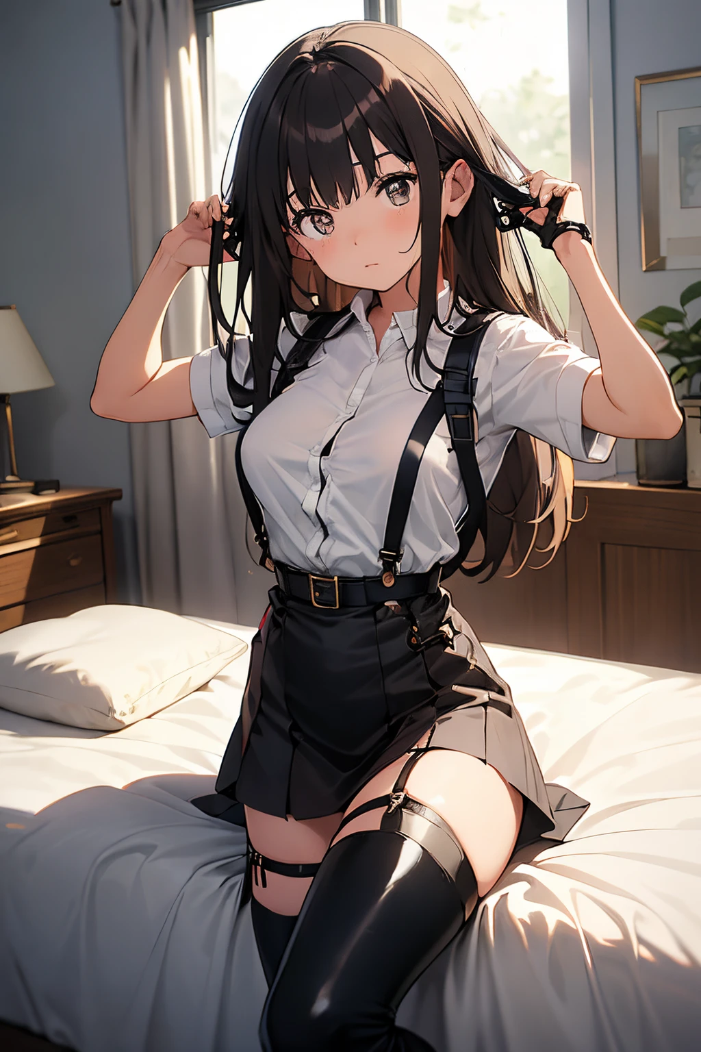 ​masterpiece、flat-colors、depth of fields、lens flare 1 girl、、Brown hair、watching at viewers　　　black suspenders　　　Bulging big breasts　　 　 　　　walls: 　Black miniskirt　garters　　　　　　Gaze　　　Small face　bangss 　　　holster　　Belt Armament　Beautuful Women　srestrained　hands up　Lying in bed　Leg holster lying on the bed　　Gaze 　Black boots