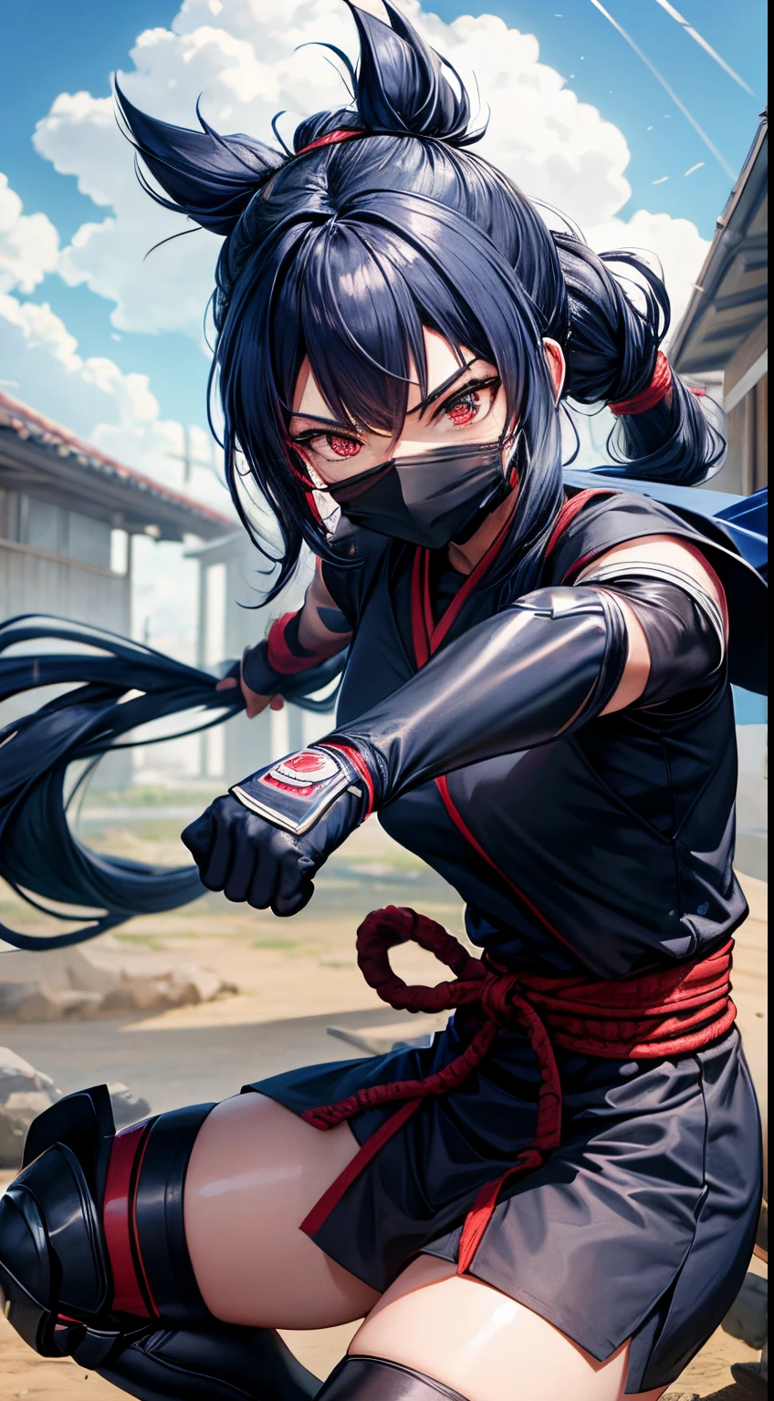 estilo anime, dojo ninja na montanha, Nuvens ao redor, brazi, ninja feminino, WMASK, longos cabelos negros em movimento, vestido decote sexy ninja, marcando bem o contorno dos seios e quadris, treinamento com ninja weapons random, shurikens